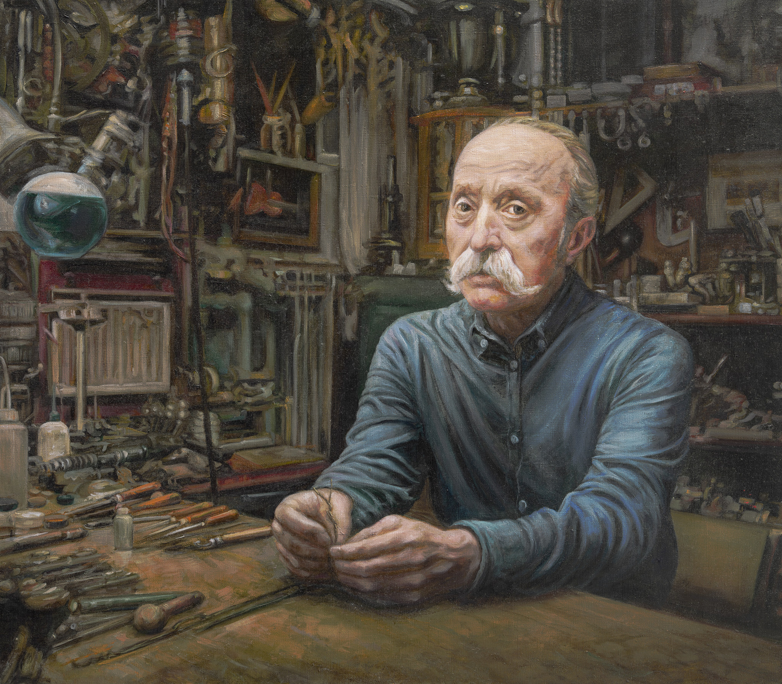 «Портрет ювелира Михаила Смаглюка в мастерской» - художник Ольга Трапицына (холст, масло, 70x80см, 2023)