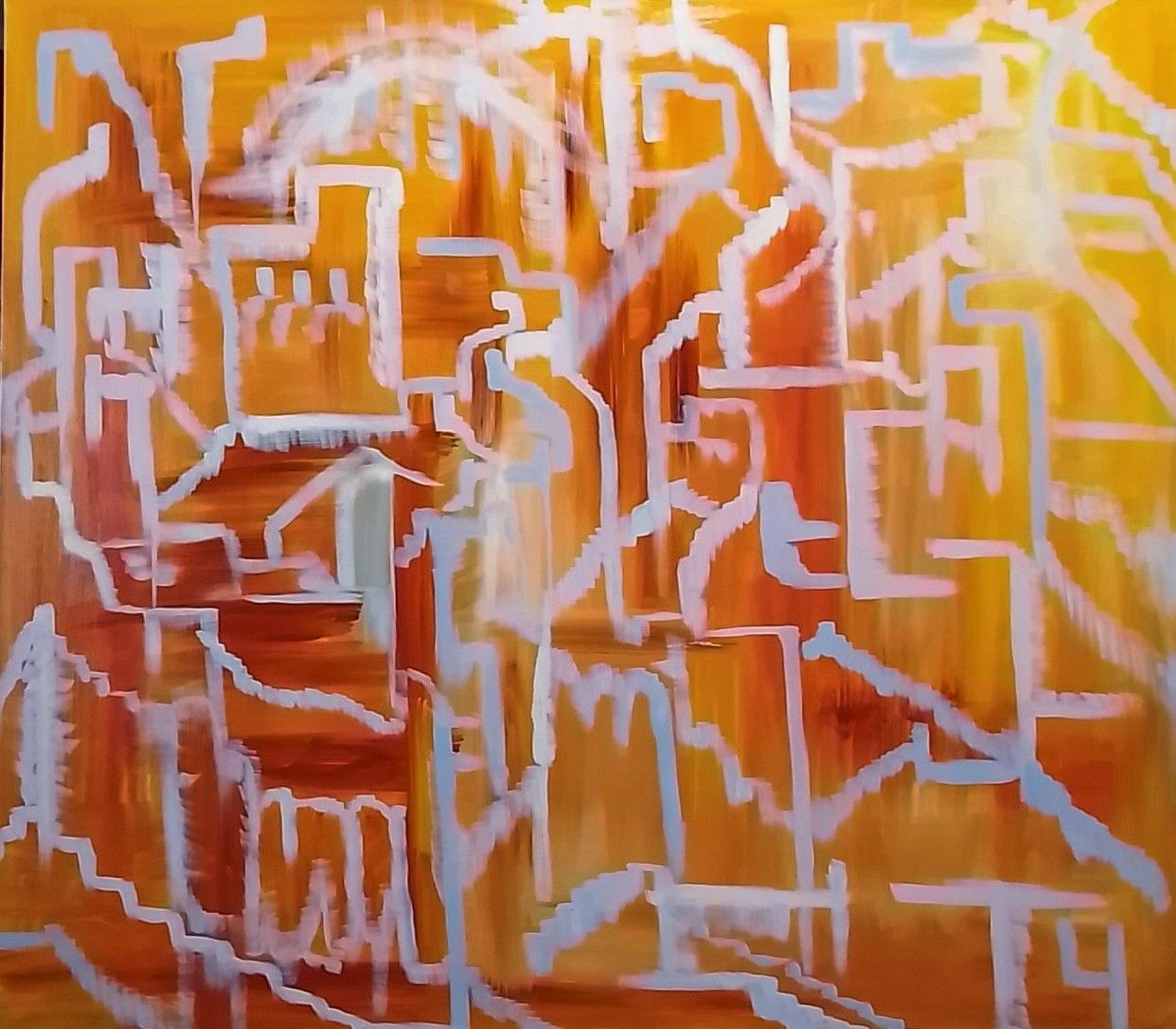 Лестницы, переходы, мосты, дома. Городская суета. Картина с элементами абстракции и сюрреализма.