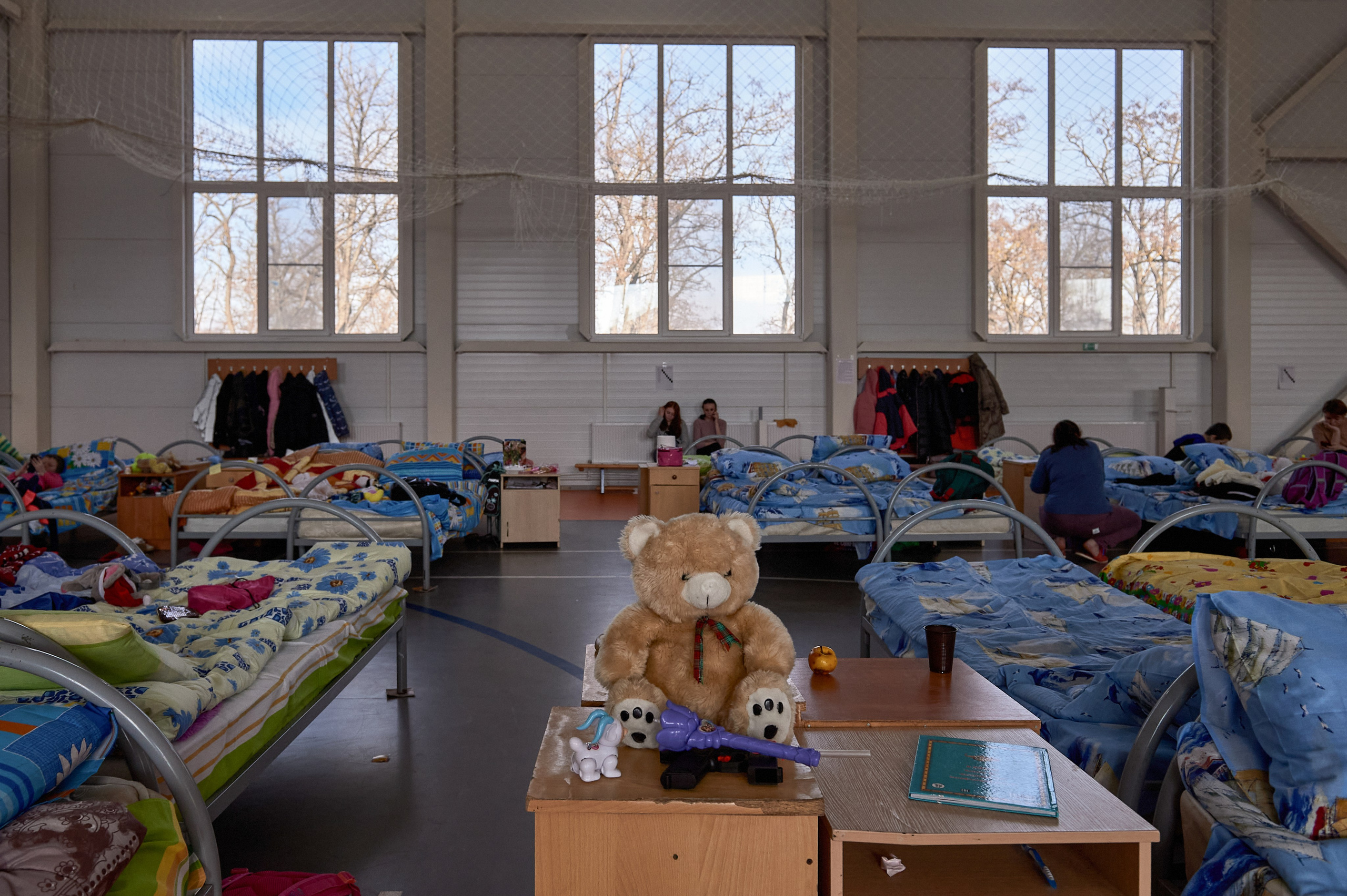 A child's toy in a temporary refugee accommodation center set up in the sports hall of the rural cultural center in Lenin Hamlet, Rostov region, February 22, 2022.