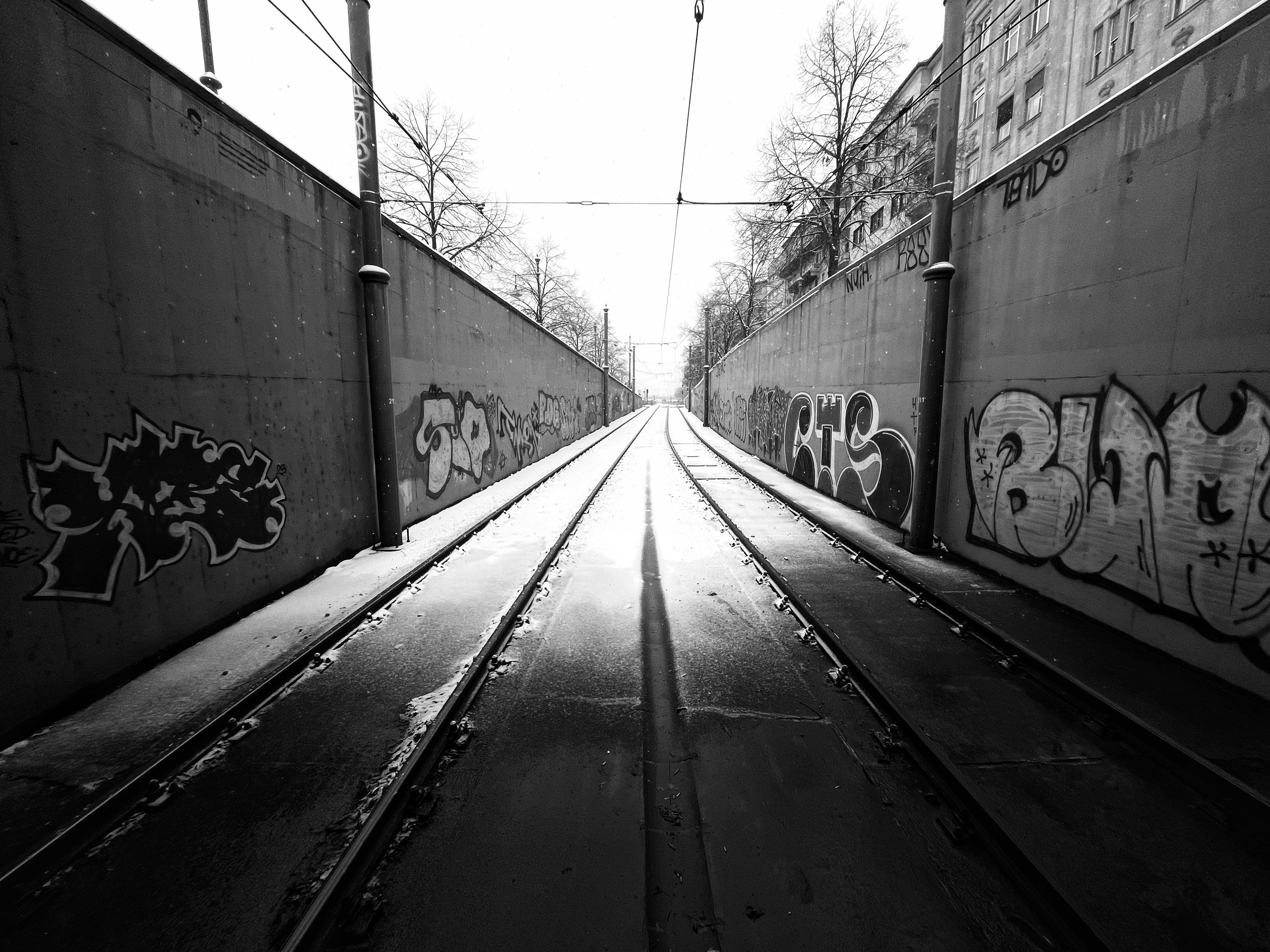 snow on the tram tracks