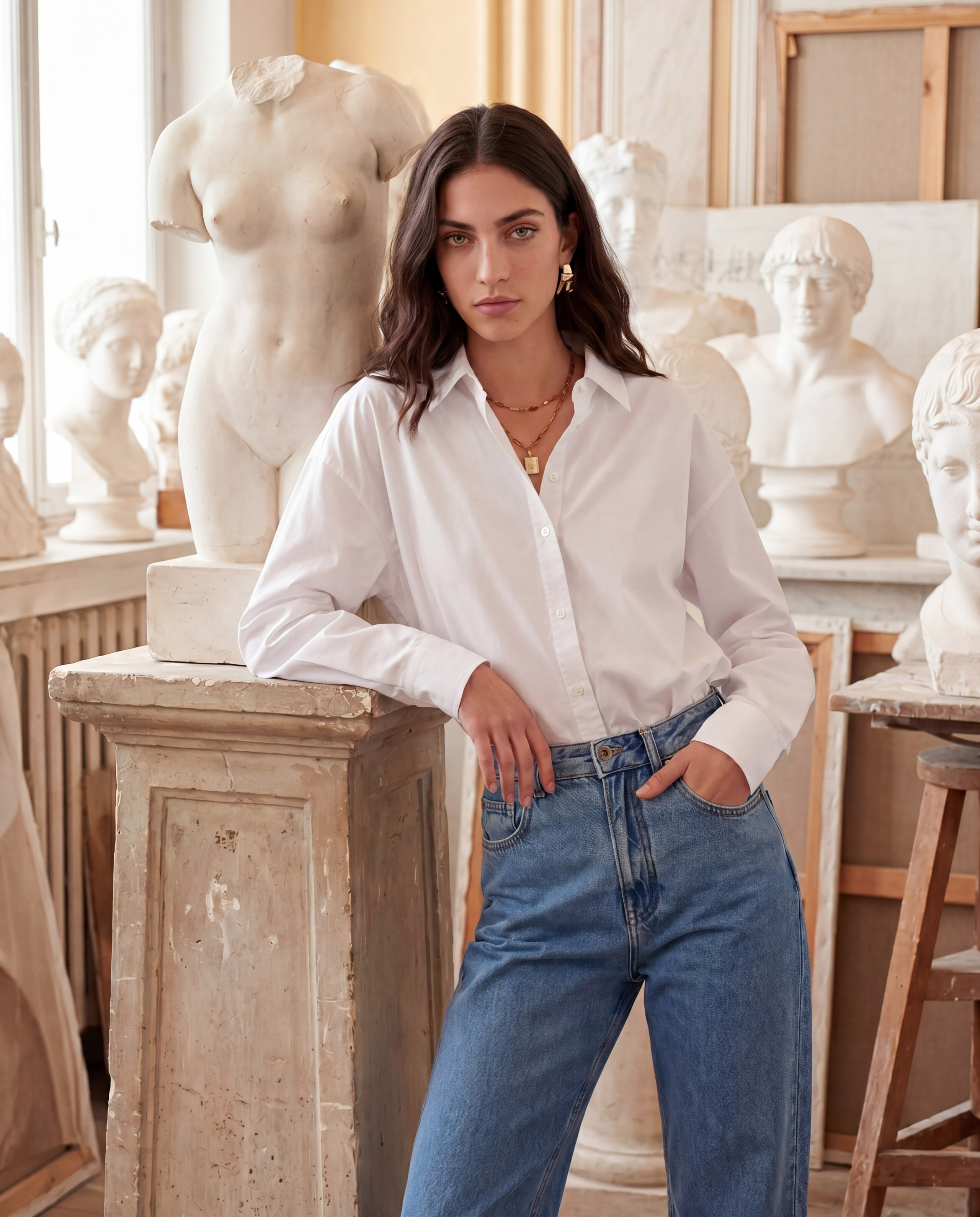 Имиджевая ИИ-фотосессия: AI-модель в белой рубашке и джинсах, передает нужное настроение, готовый контент-пак в высоком разрешении