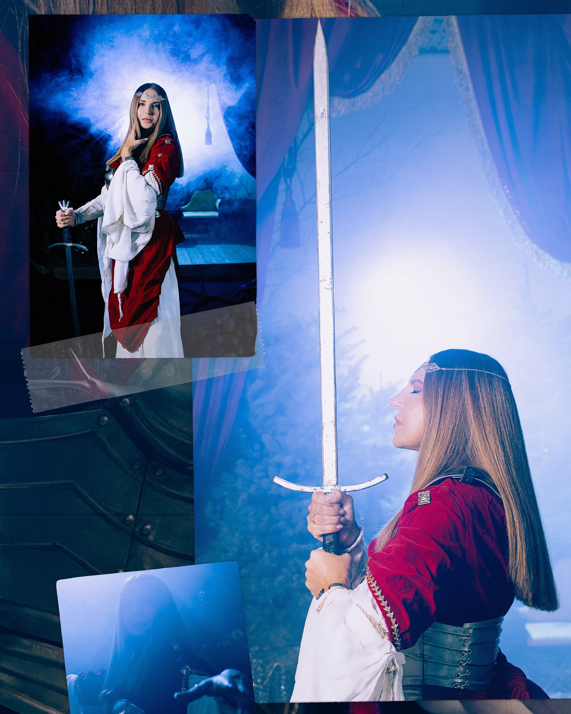 Женская фотосессия в Ростове-на-дону в образе воительницы с доспехами и мечом в поле.