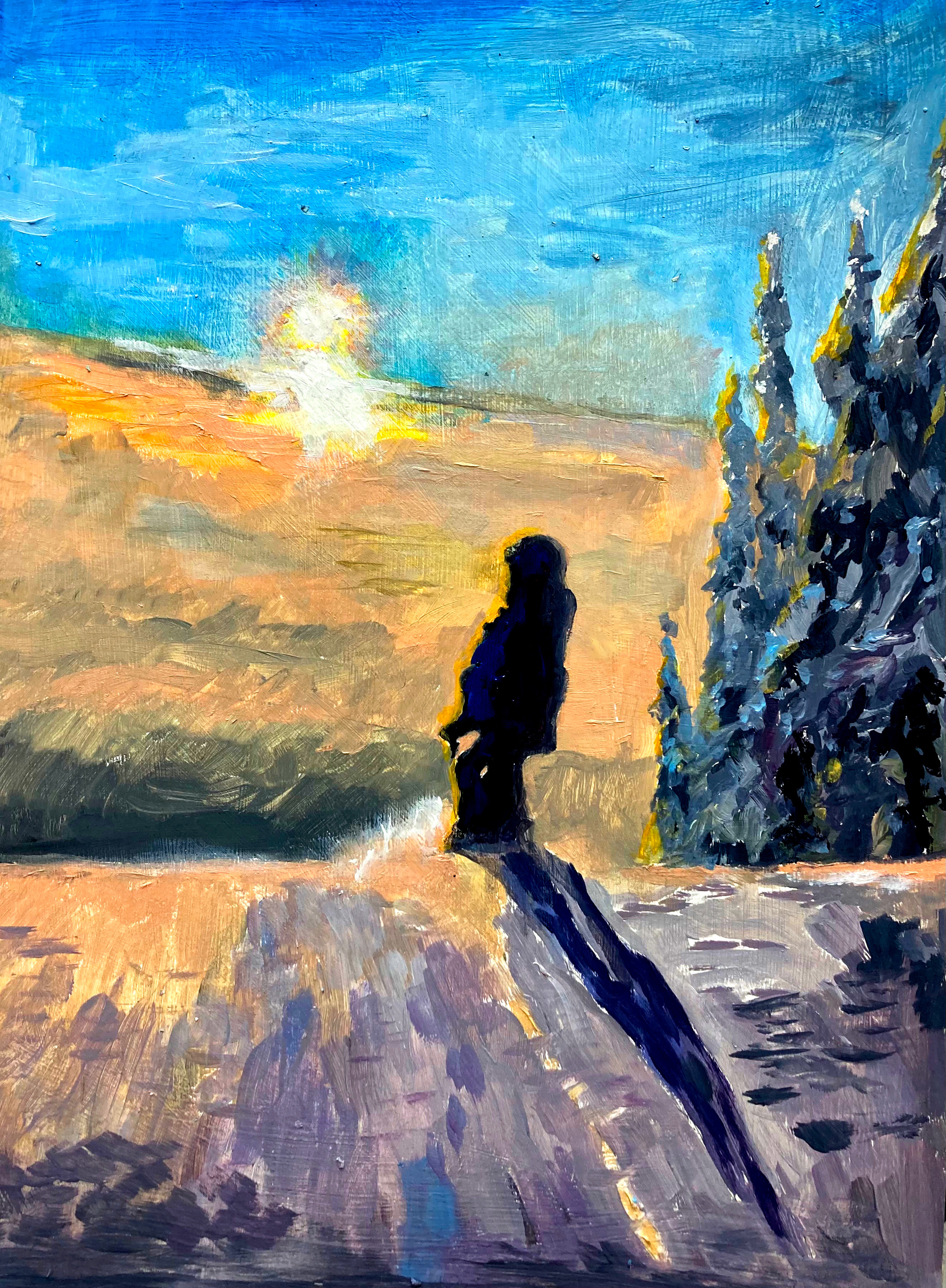  Лыжница перед спуском в луча уходящего солнца. Работа выполнена на грунтованном картоне маслом