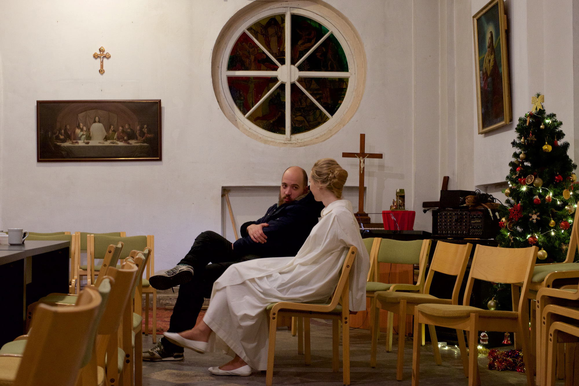 Chapel of Annenkirche. Parishioners before the service.
