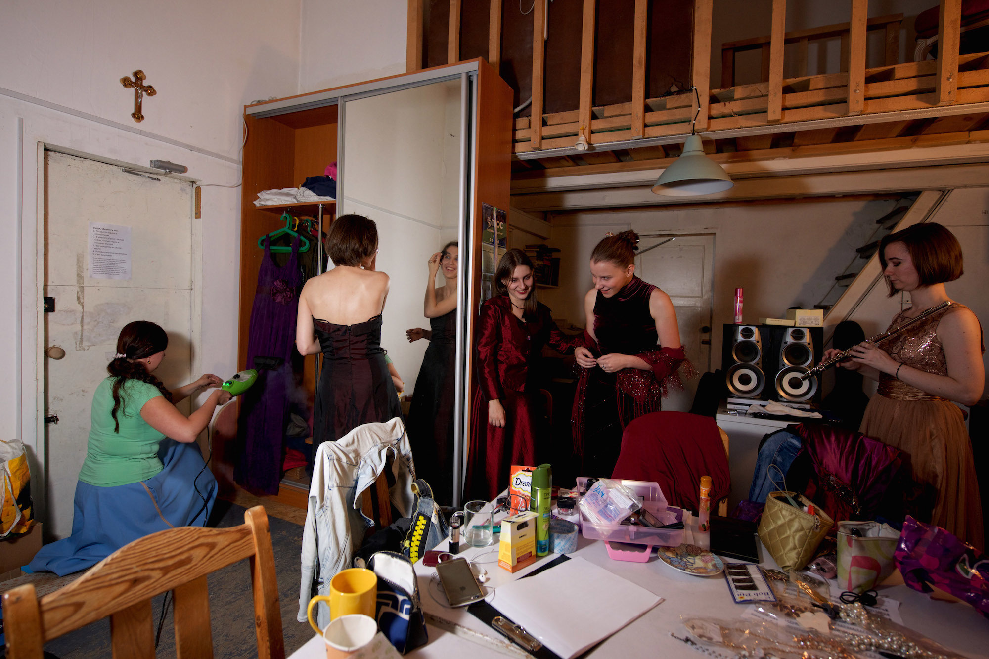 Chapel of Annenkirche. Church musicians are preparing for a performance.