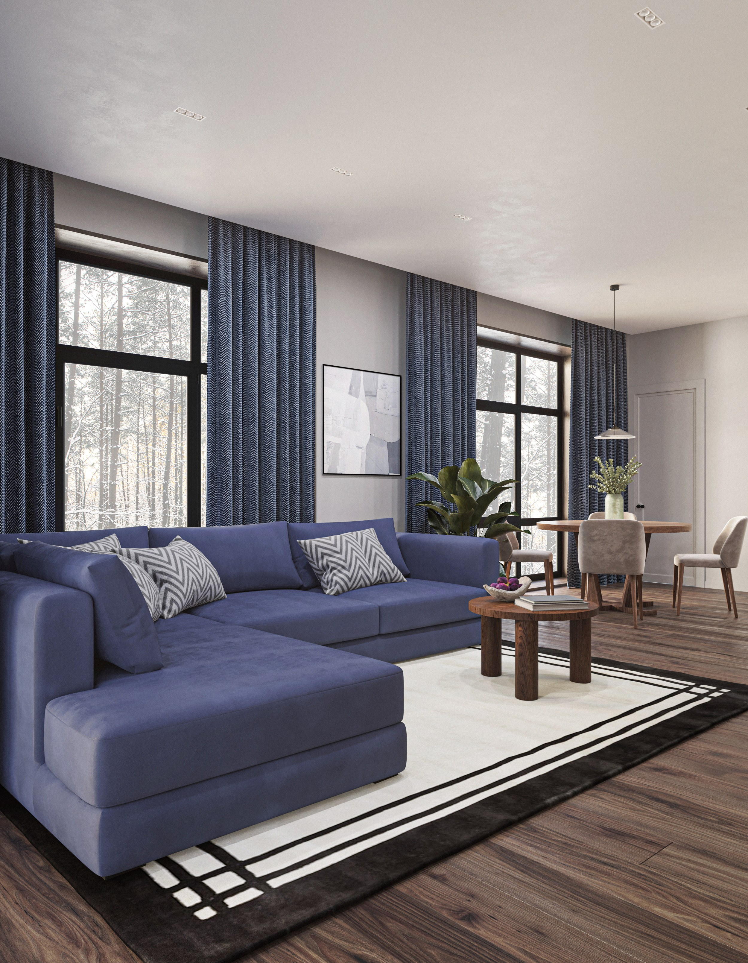 Blue place. 3D visualization of exteriors and interiors