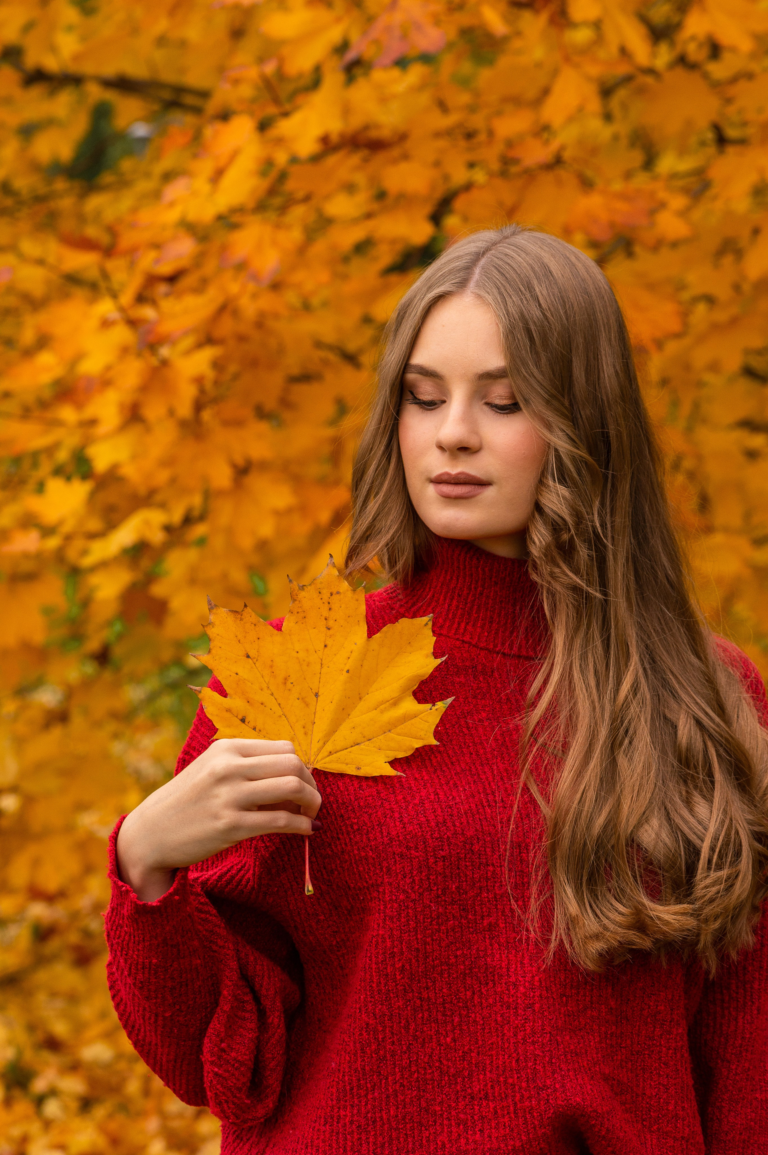 красивая молодая девушка держит желтый осенний лист