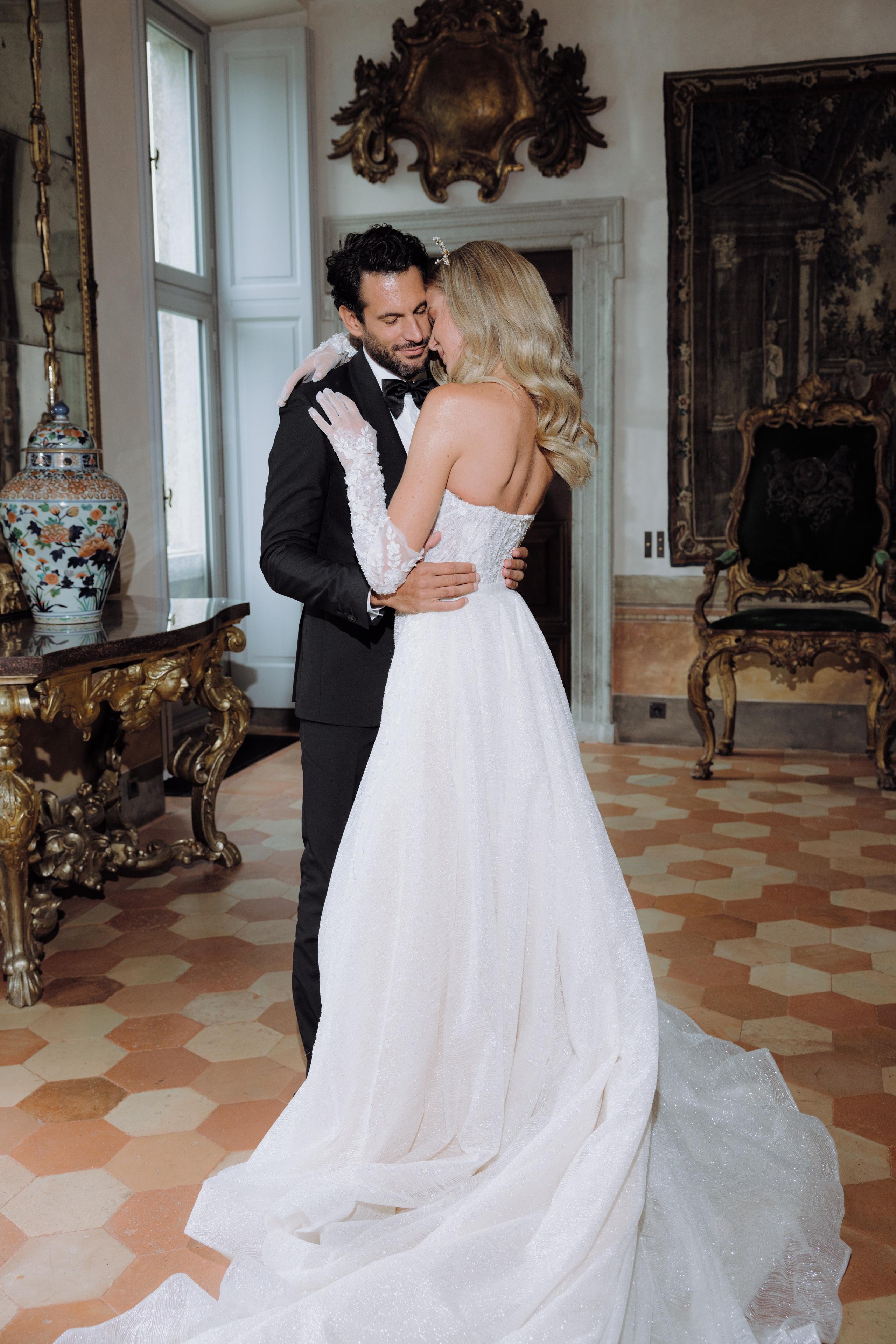 Romantic bridal portrait inside a historic Italian villa