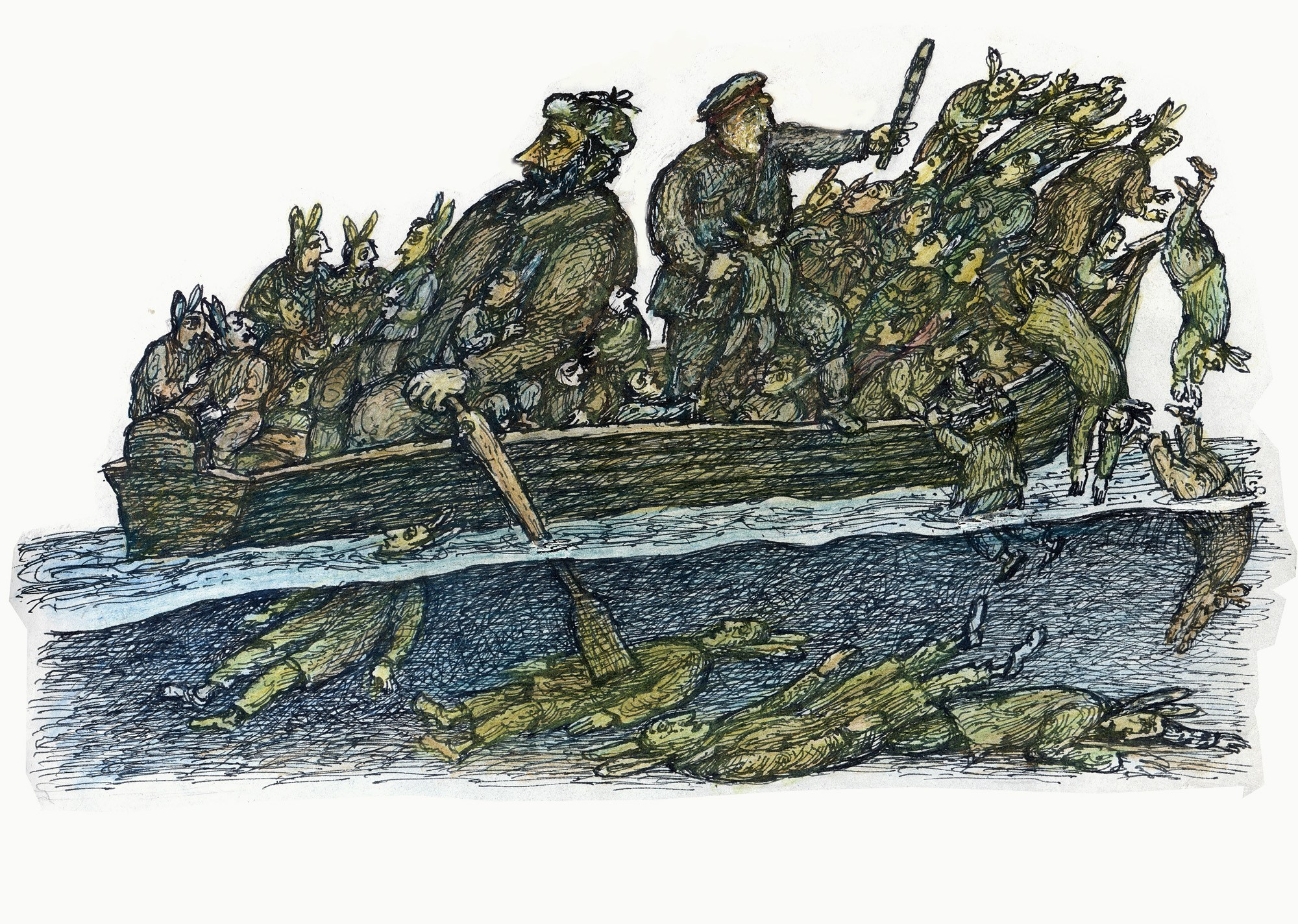 Дед Мазай и Зайцы, гелевая ручка, цветной карандаш