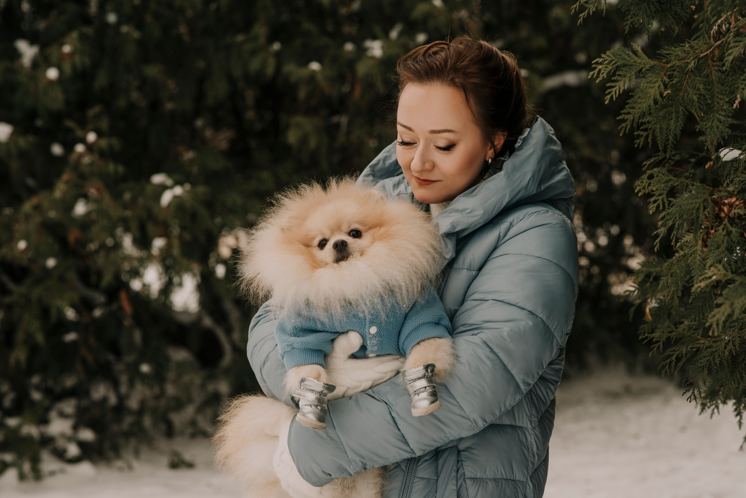 Фотосессия девушки на фоне леса в голубом пуховике со шпицем одетым в голубой костюм 