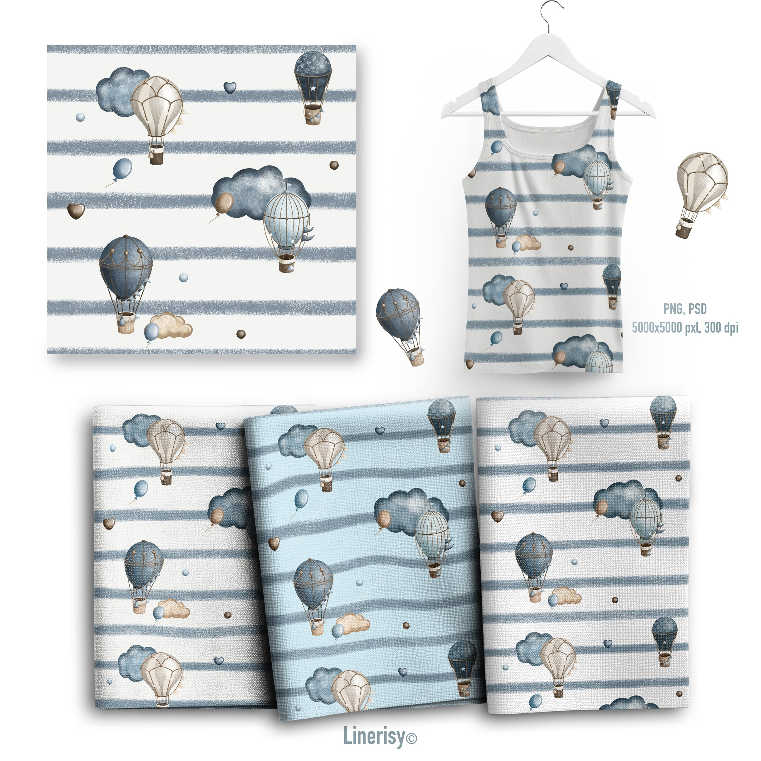 Набор бесшовных паттернов «Зайка на воздушном шаре». Художник-иллюстратор Евгения Бекренёва