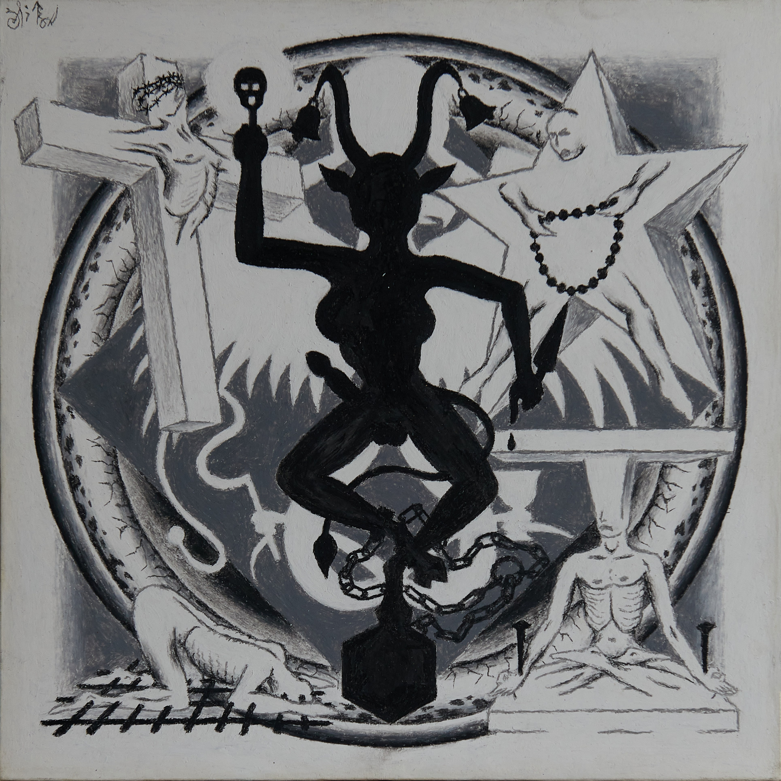 Пентамима вокруг клоунады теней.                                                     Круг основных обязанностей воплощённого, вне зависимо от местоположения в обществе и направления деятельной самореализации, сводится к позициям повиновения, жертвенности, исполнения принуждению, закрепощению, ограниченности, бессознательности, самозабытью, служению, подчинению законам системы общепланетарного бытья, указывающей основы жизнедеятельного существования идеологическими умственными и зрелищными программами, могущими быть внутренне персонально отвергаемыми, но внешне  обще- принимаемыми из-за обречённости выбора из имеющихся инвариантов. Отказ от которых лишает возможностей жизненного существования.                                                                    Год создания: 2020 г.