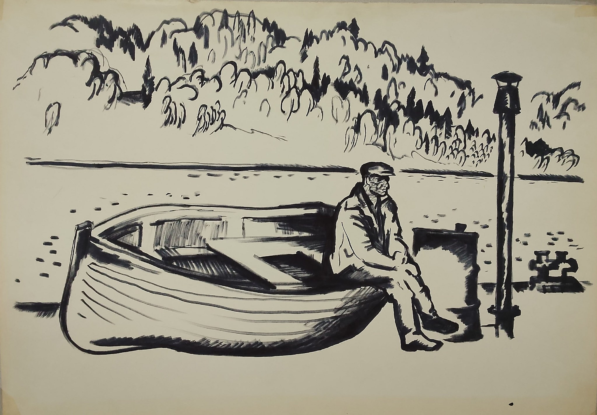 Александр Дудников "Лодочник. Волга" бумага, тушь, 1963 г.