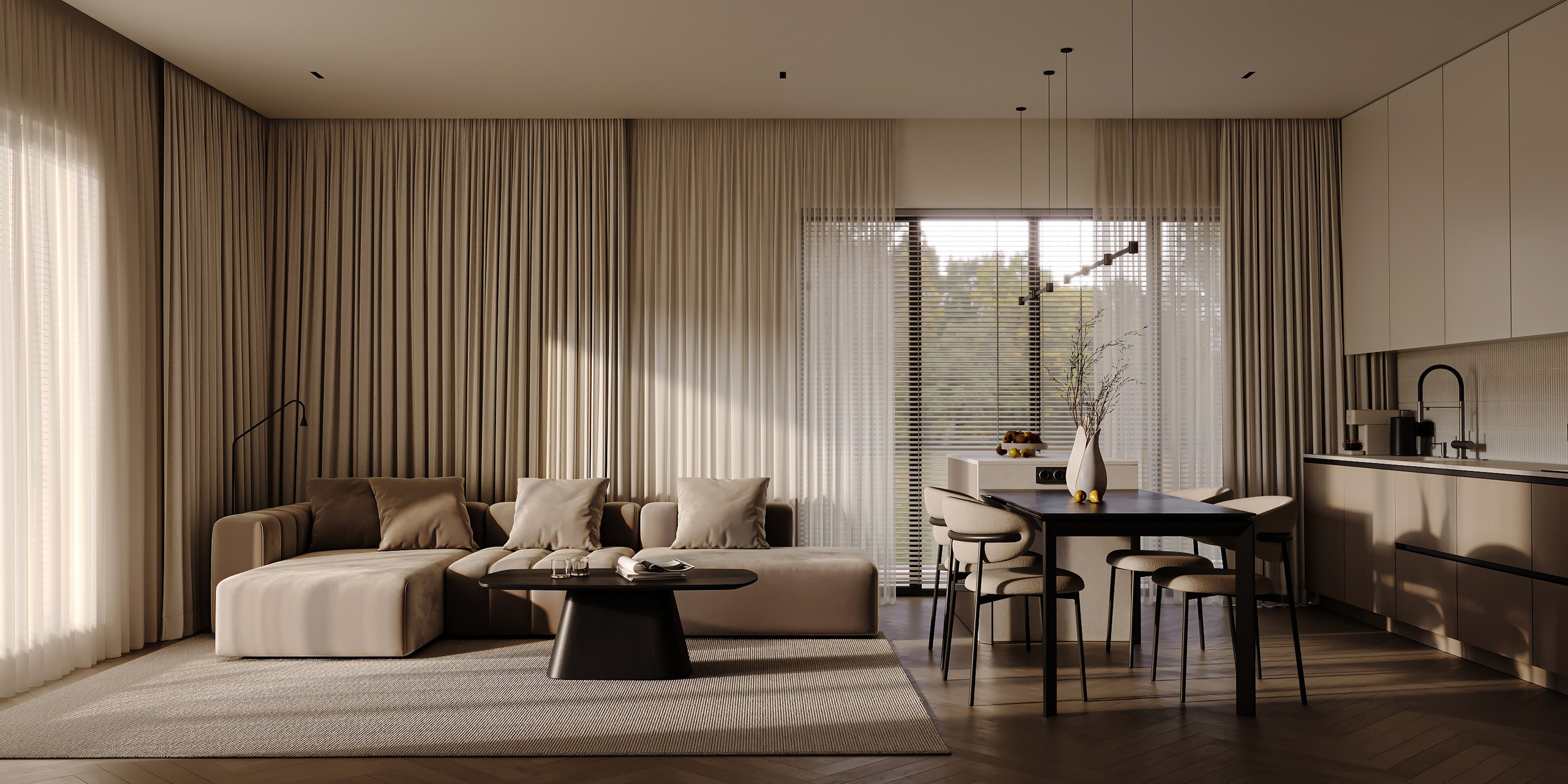 Современная кухня-гостиная в частном доме