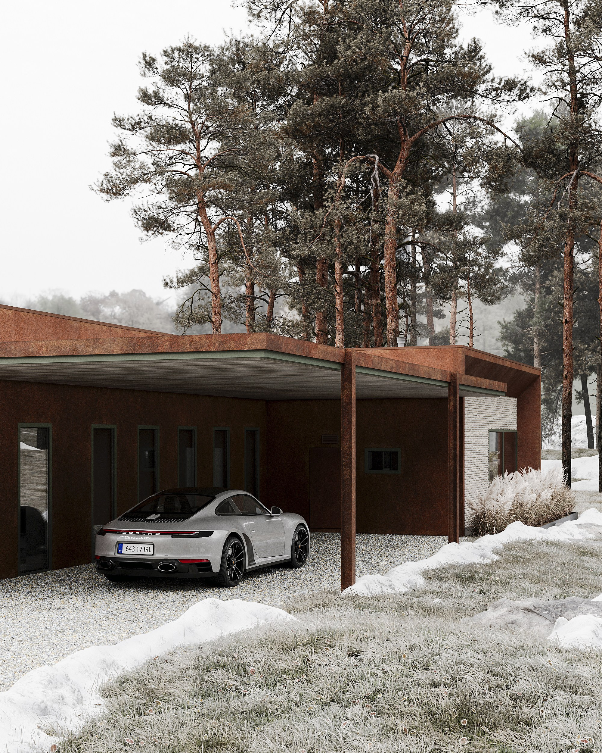 современная архитектура, загородный дом в скандинавском стиле, минимализм, природа, отдых, кортеновская сталь, ригельный кирпич