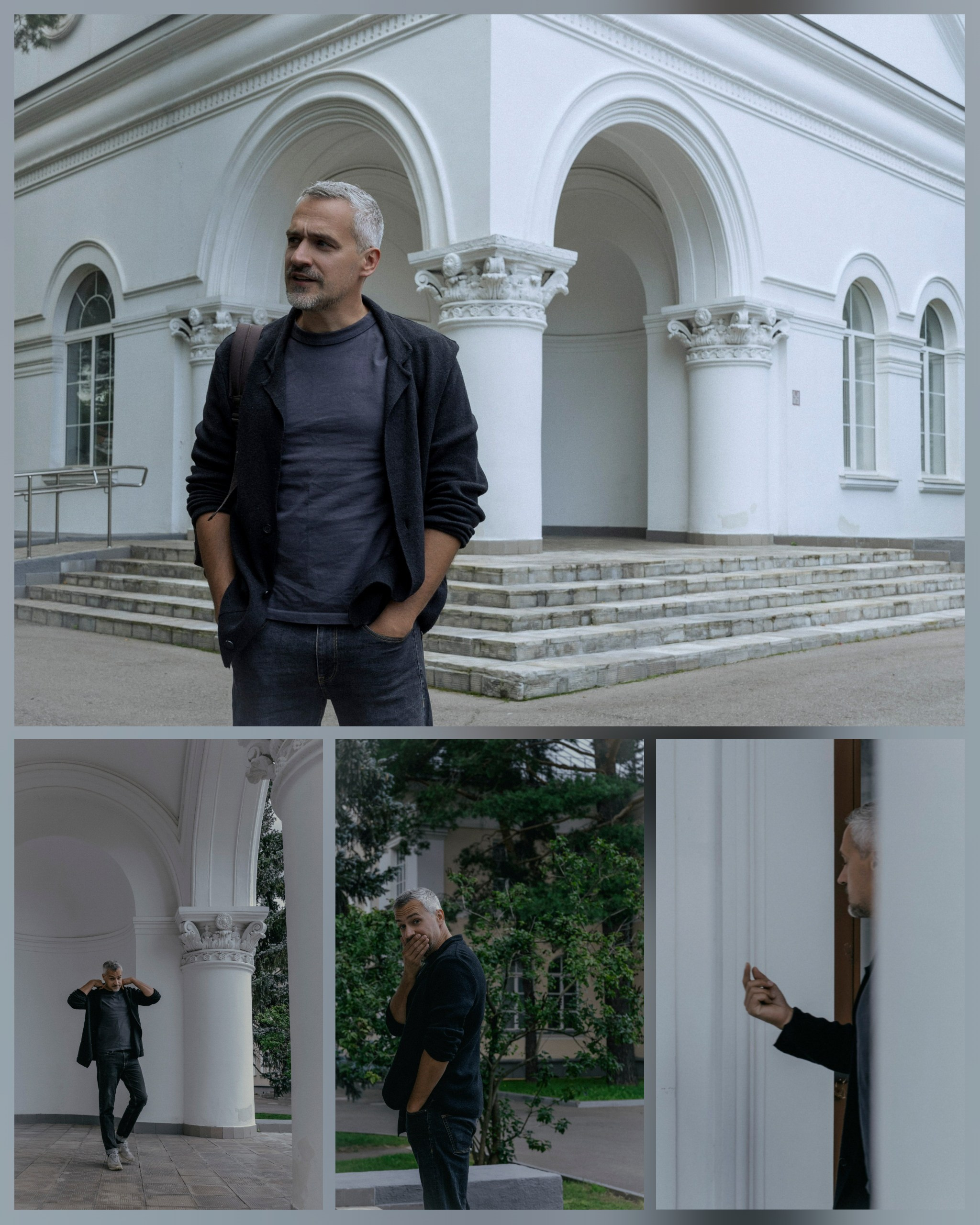 седой мужчина на фоне белых колонн