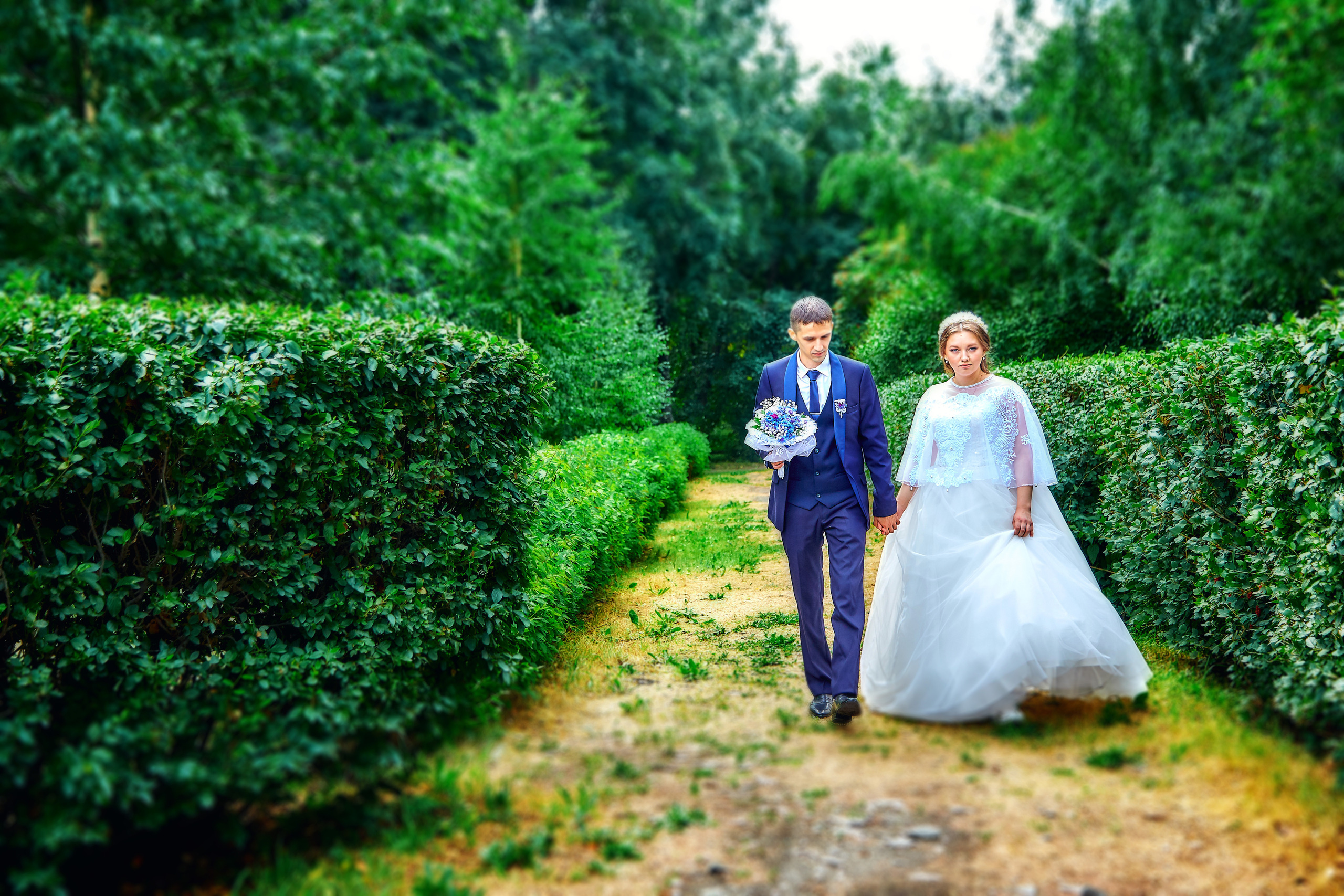 Жених и невеста гуляют в парке