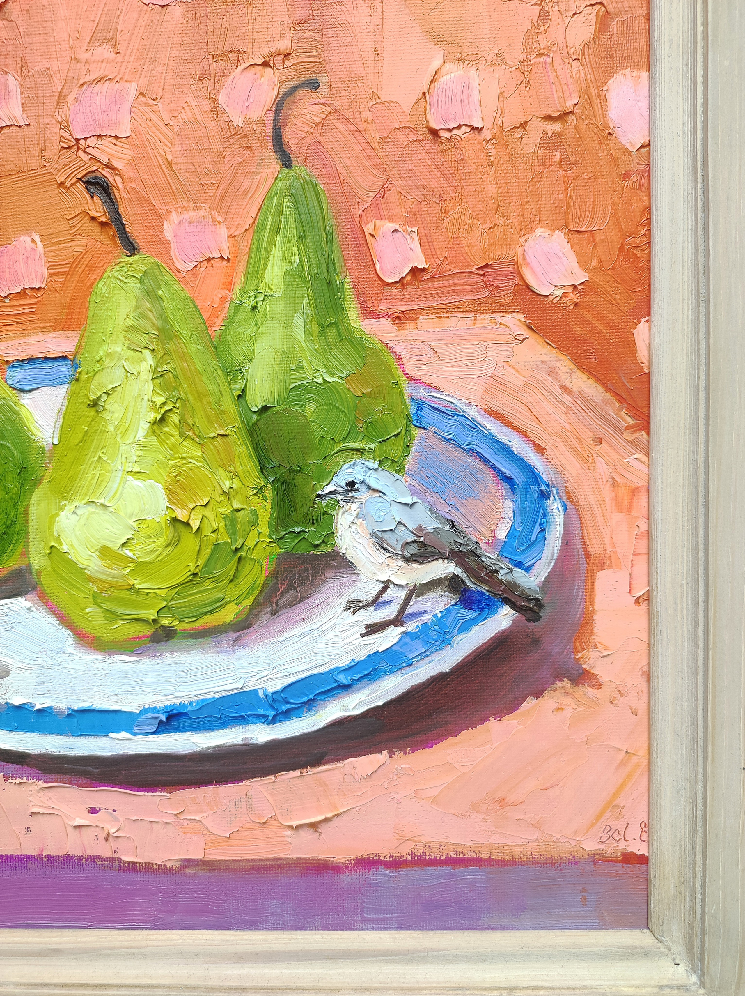 «Натюрморт с грушами и птичкой». Масло, холст на картоне, 30×30 см. Галерея картин художницы Бельмесовой Евгении