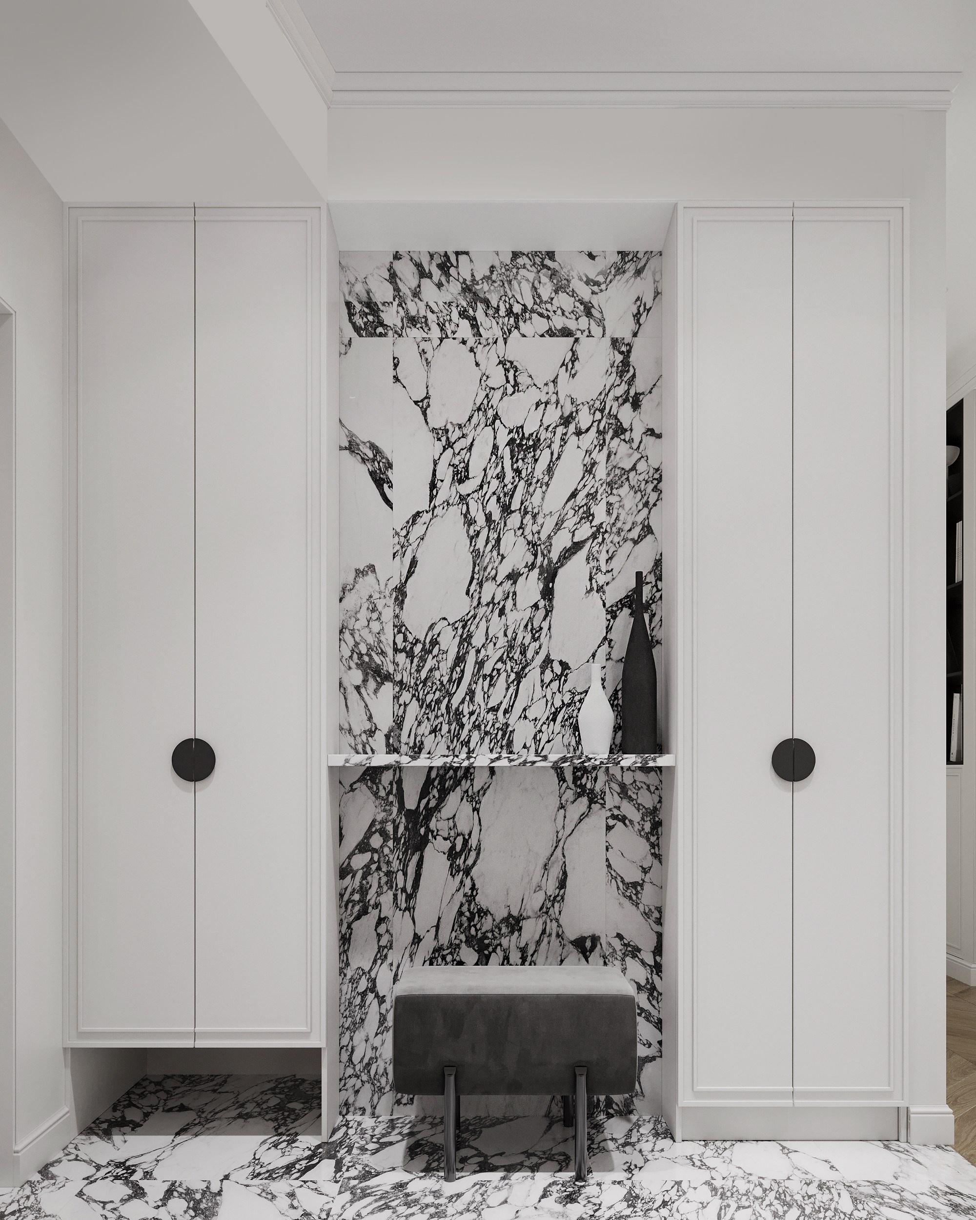 Интерьер прихожей, дизайн прихожей, интерьер коридора, дизайн коридора, дизайнер интерьера, дизайн интерьера Санкт-Петербург, дизайнер интерьера, дизайнер интерьеров, сочный интерьер, гардеробная, дизайн гардеробной, большая гардеробная, раздвижные двери-купе, безрельсовые двери-купе