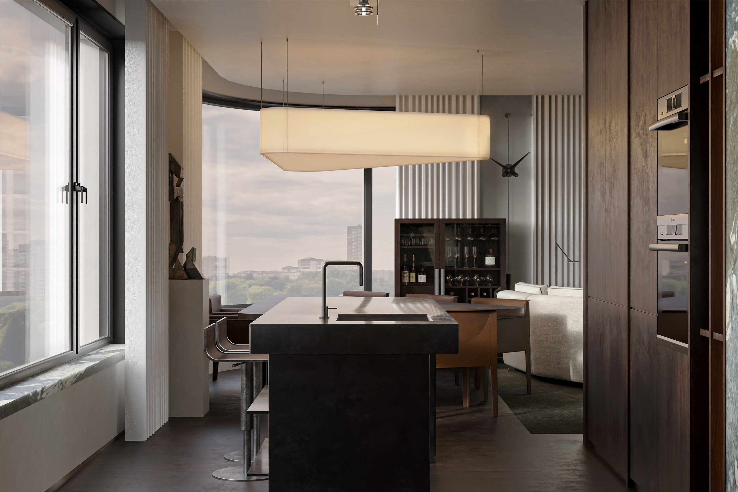 ПРОЕКТ • ЖК «ОСТРОВ» Квартира 119 м² 3D визуализация интерьера Гостиная / Living Room. Ксения. 3D‑визуализатор