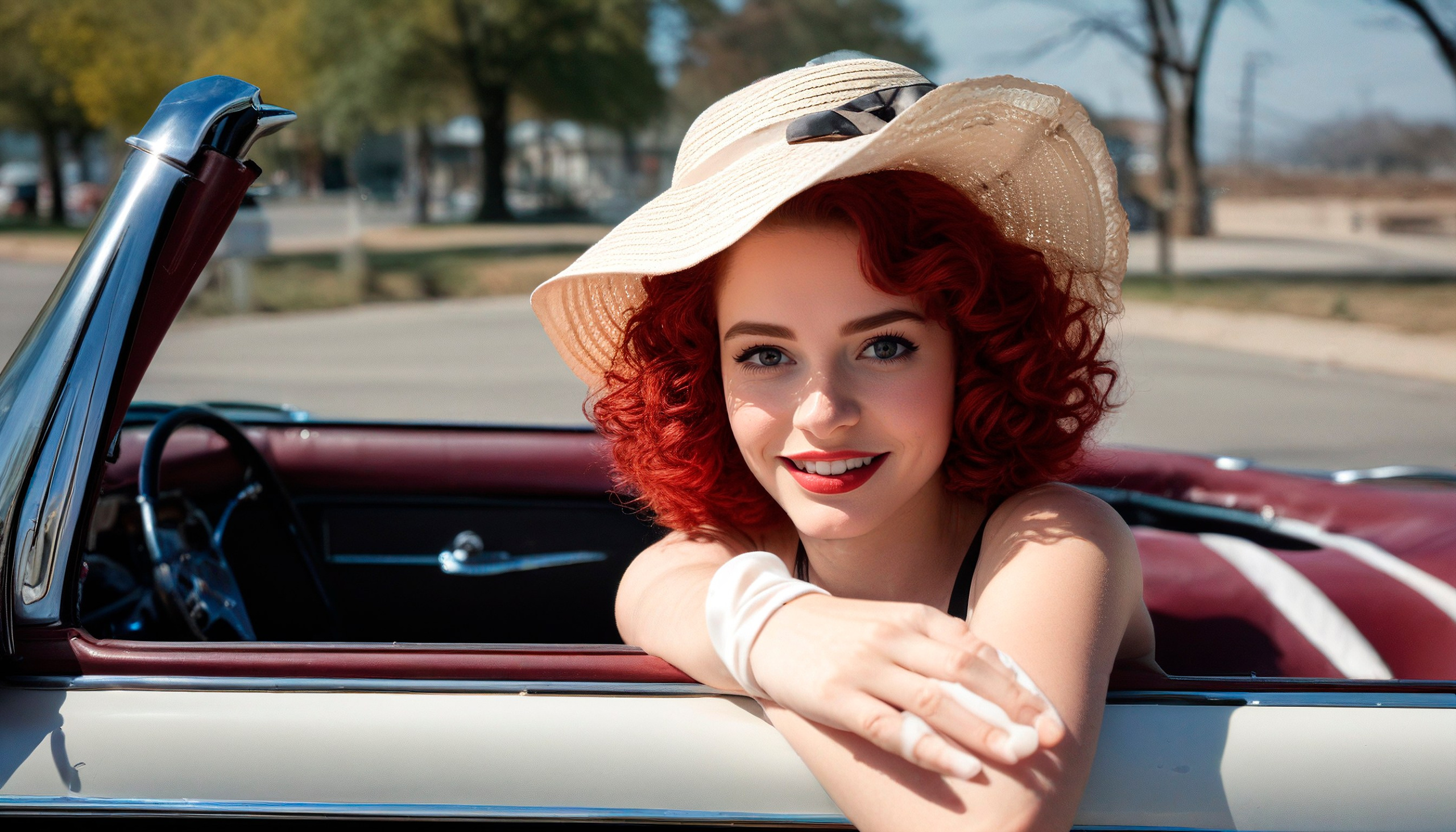 A smiling red-haired girl is sitting at the wheel of an open car, looking at the camera.America of the 50s..