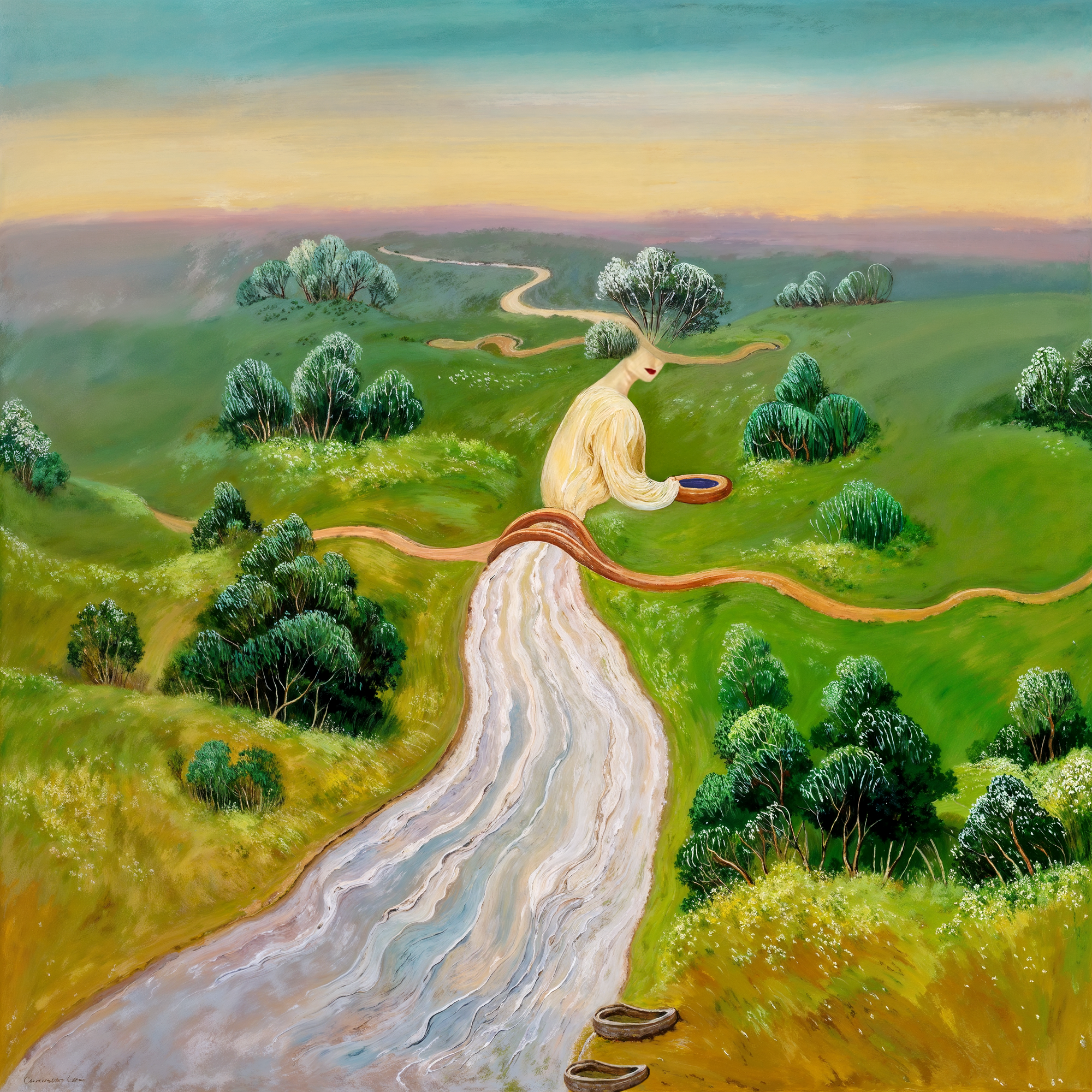 Оптическая иллюзия — женщина, образованная из реки, деревьев и тропинок. Адаптация картины Олега Шупляка с элементами природы, собранными в человеческий образ.