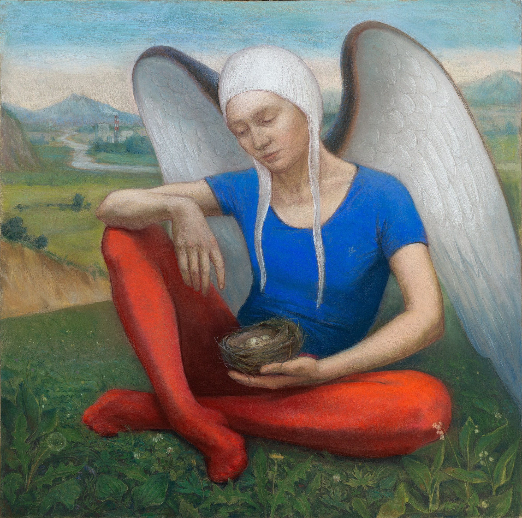 "Путешествующий ангел" 75х75 см. акрил/пастель 2025г. Мне всегда было интересна ангельская тема , но я не знала как к ней подступиться, долго собирала материалы, впечатления и вот все сложилось после посещения дома музея Густава Моро, где я увидела маленькие акварели с путешествующими ангелами. Мне захотелось поразмышлять каким мог бы быть современный ангел, чем бы занимался и где находился? Может быть он в будущем принесет нам благую весть, а пока сам об не знает, путешествует по свету и лишь получает подсказки от всевышнего. 