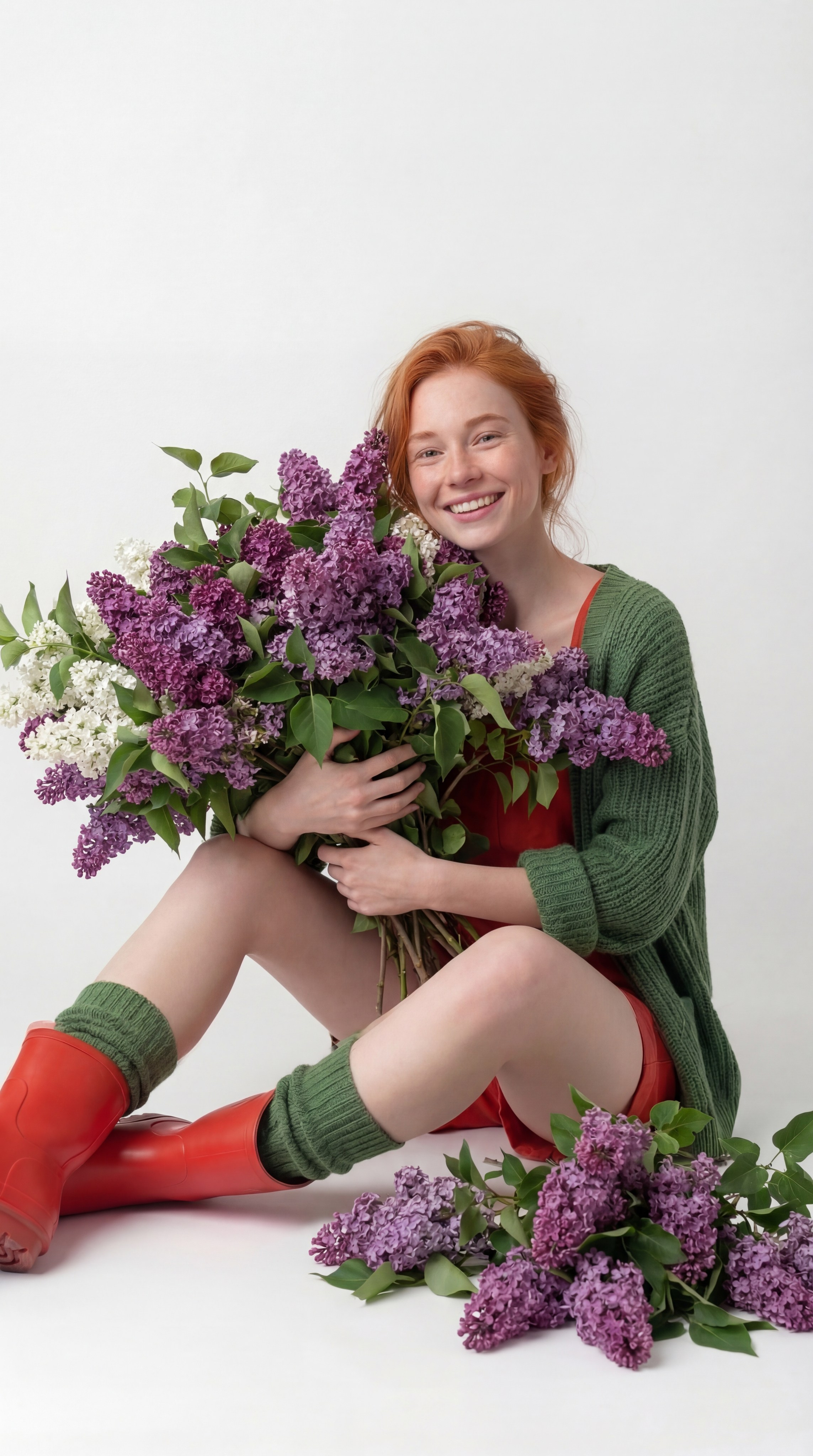 AI-фото рыжей девушки в зелёном свитере с охапкой сирени на белом фоне, нейро-контент для fashion и lifestyle-бренда, AI-визуал яркая весенняя съёмка
