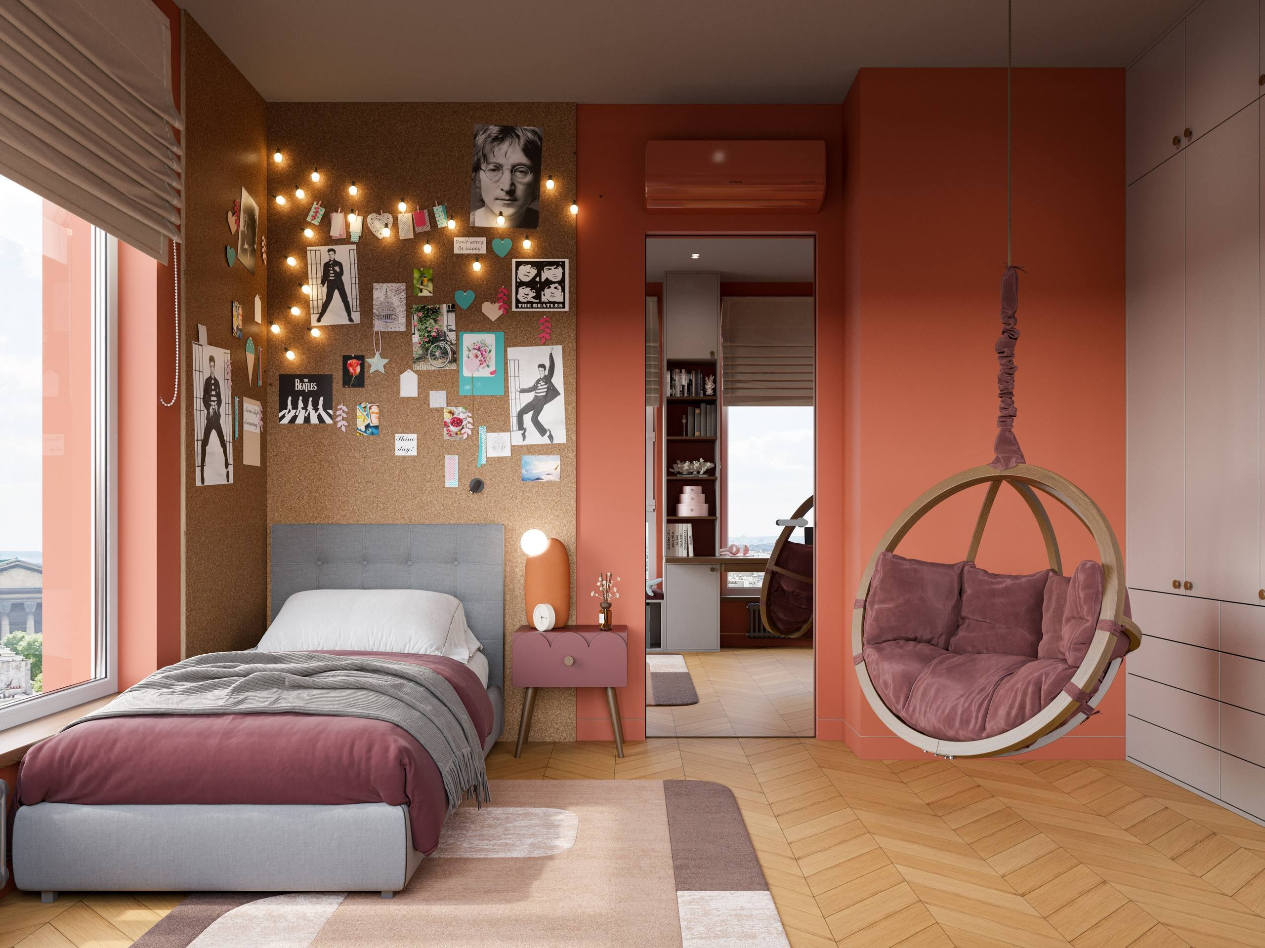 Спальня девочки-подростка с деревянным рабочим столом и полками для книг в современном стиле