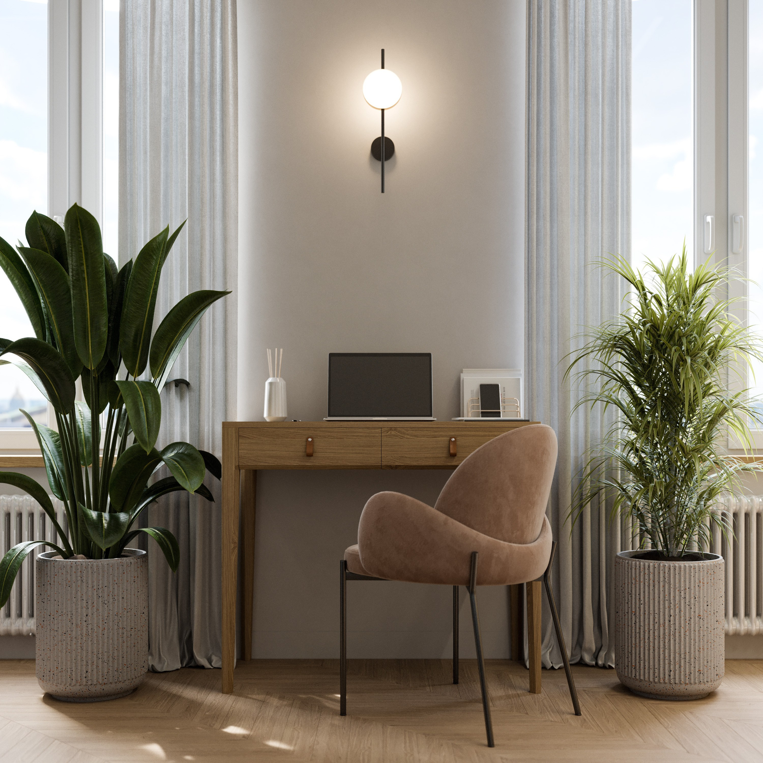 Рабочий уголок в пастельных тонах с минималистичным столом и стулом нежного цвета