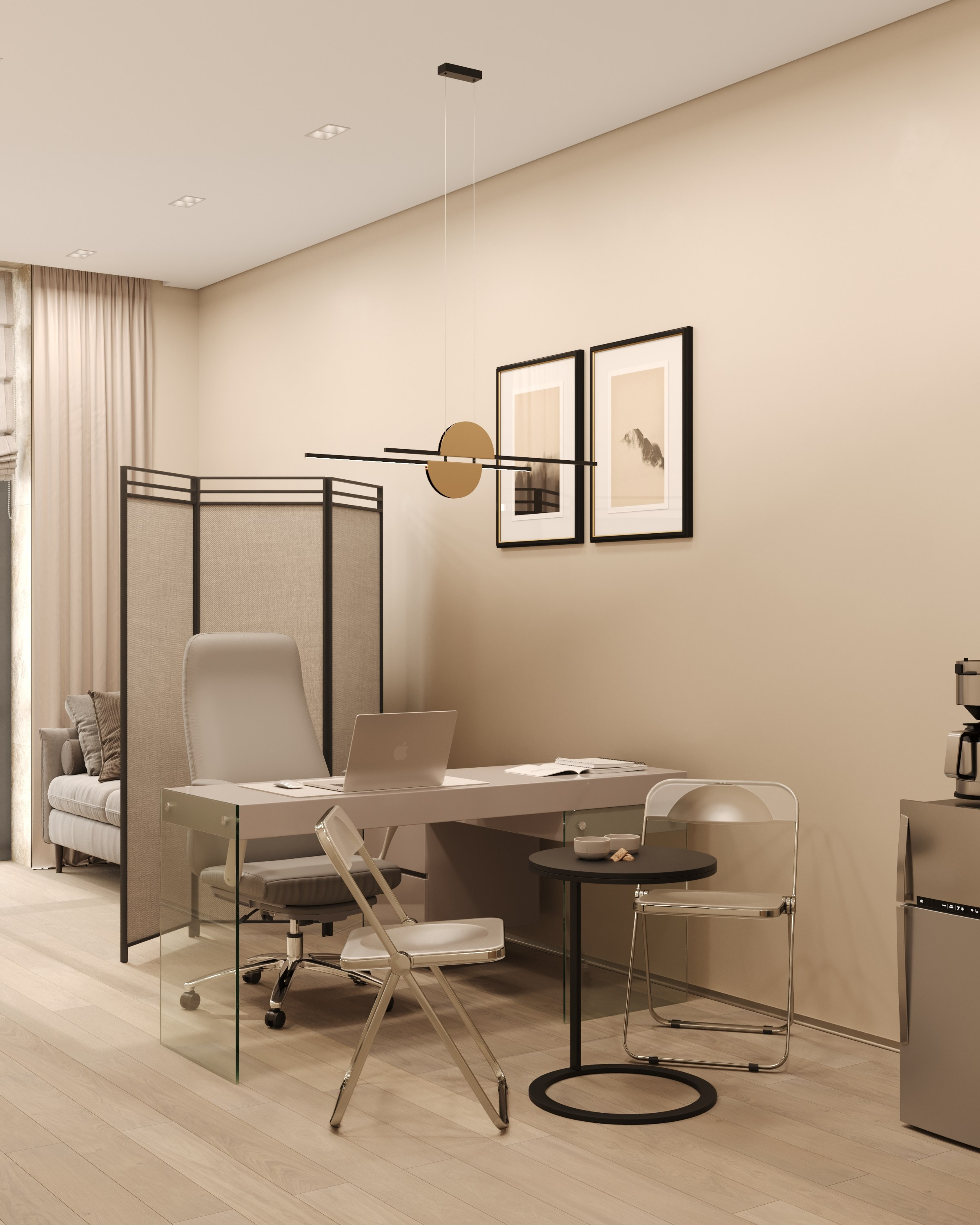 Интерьерный рендер небольшого офиса с современным стеклянным столом и гостевыми стульями