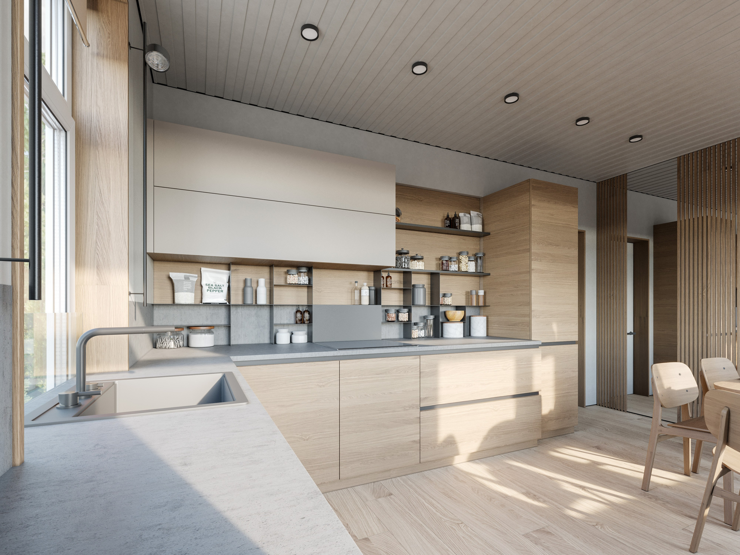 Зона приготовления пищи с деревянными фасадами и бетонной столешницей