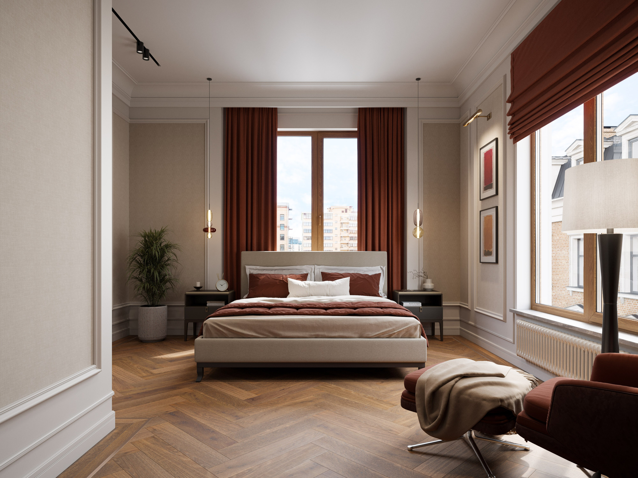 3D визуализация спальни с окном за кроватью и бархатными шторами