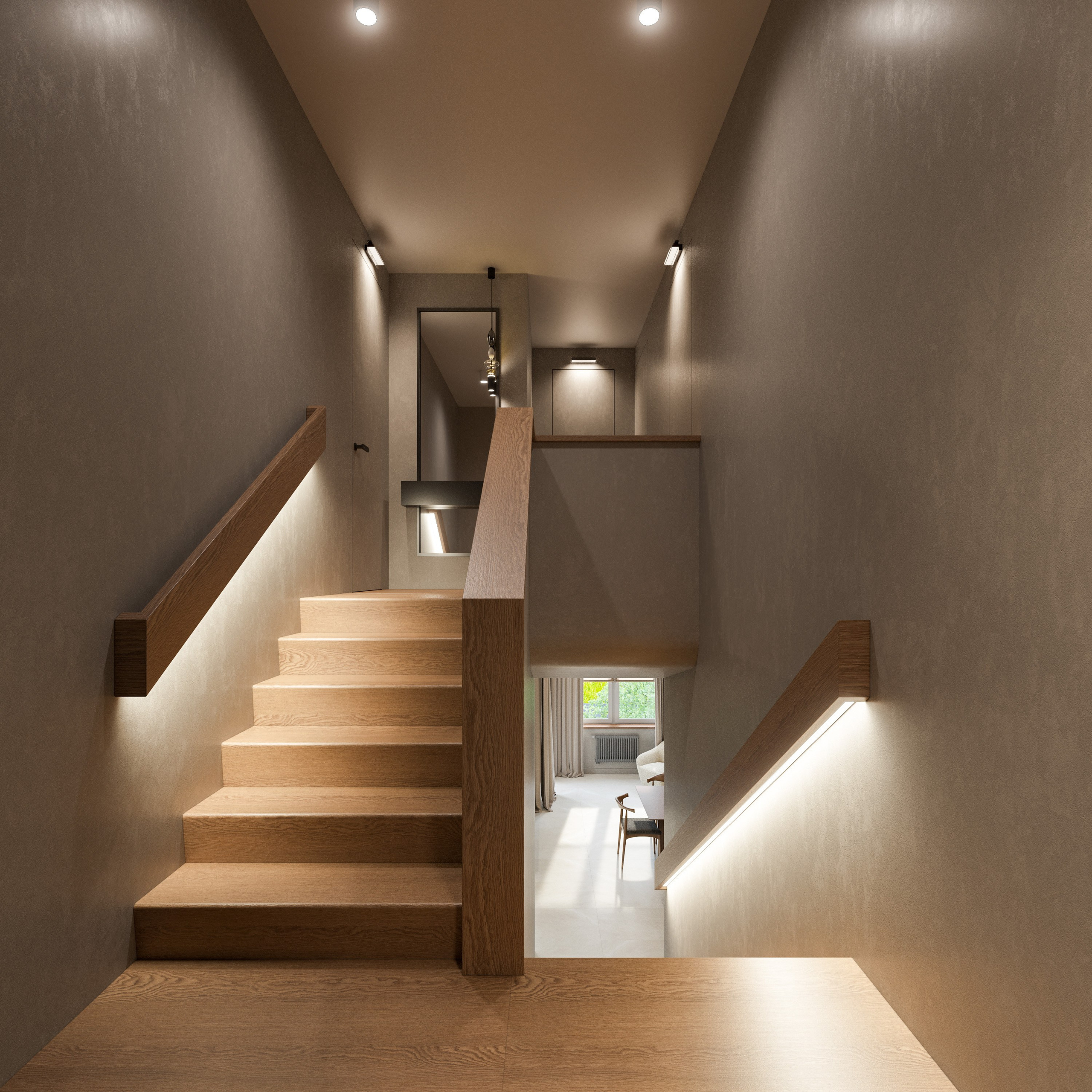 Лестничный холл с деревянной лестницей и бежевыми стенами в современном загородном доме