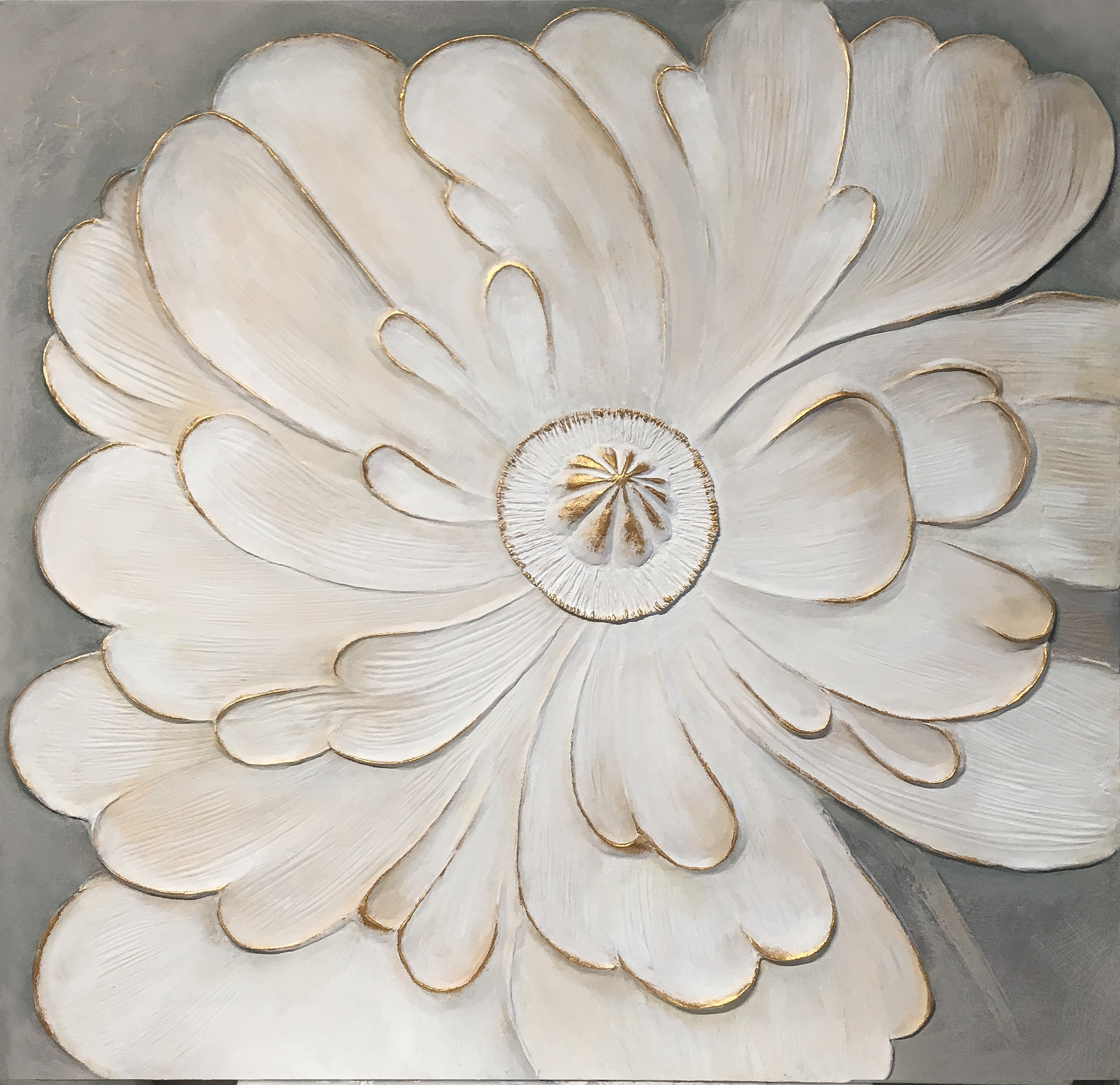 "Peony", size 82 x 82 cm, canvas, texture paste, acrylic, gilding. 2022 .