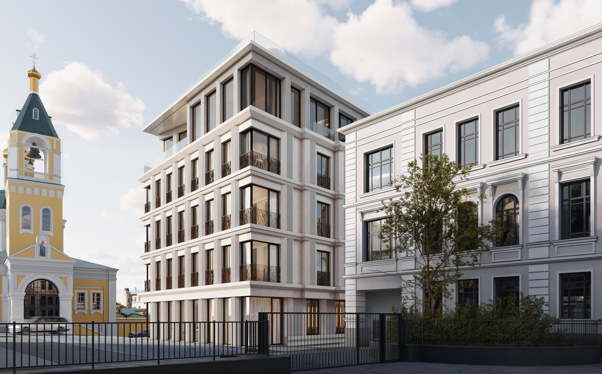 Современный жилой комплекс с детальной визуализацией экстерьера и архитектурными элементами