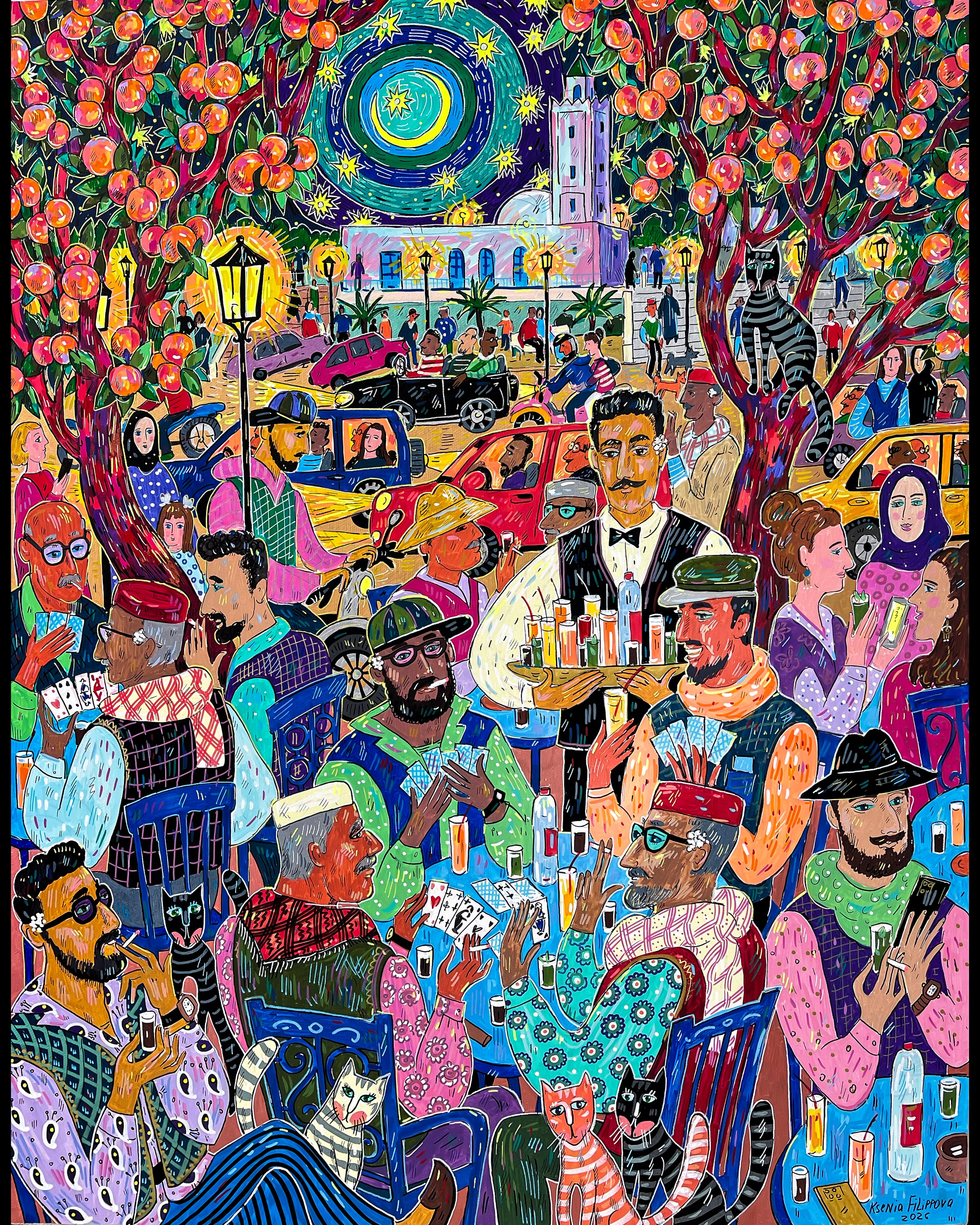 Sidi bou Said. Night Under the Trees, in Front of the Mosque, acrylic and acrylic markers on canvas, 65 × 50 cm, 2025