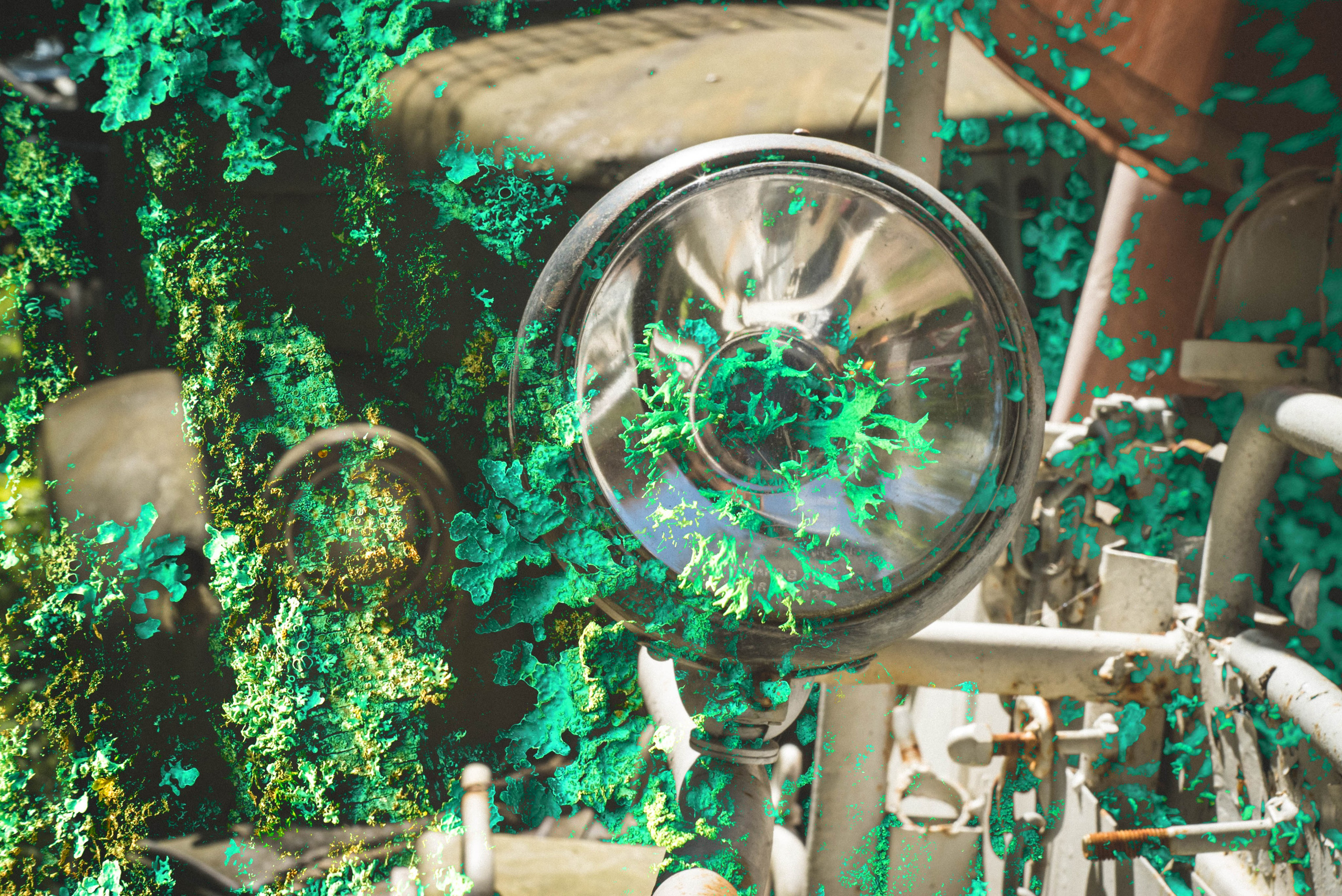 Абстрактное изображение, сочетающее промышленные элементы с яркими зеленым мхом, демонстрирующее крупный план механической детали, окруженной органическими текстурами. Взаимодействие металлических поверхностей и ярких зеленых узоров вызывает ощущение слияния природы и промышленности, создавая поразительный визуальный образ. Идеально подходит для художественных отпечатков, современного декора и дизайна в индустриальном стиле.