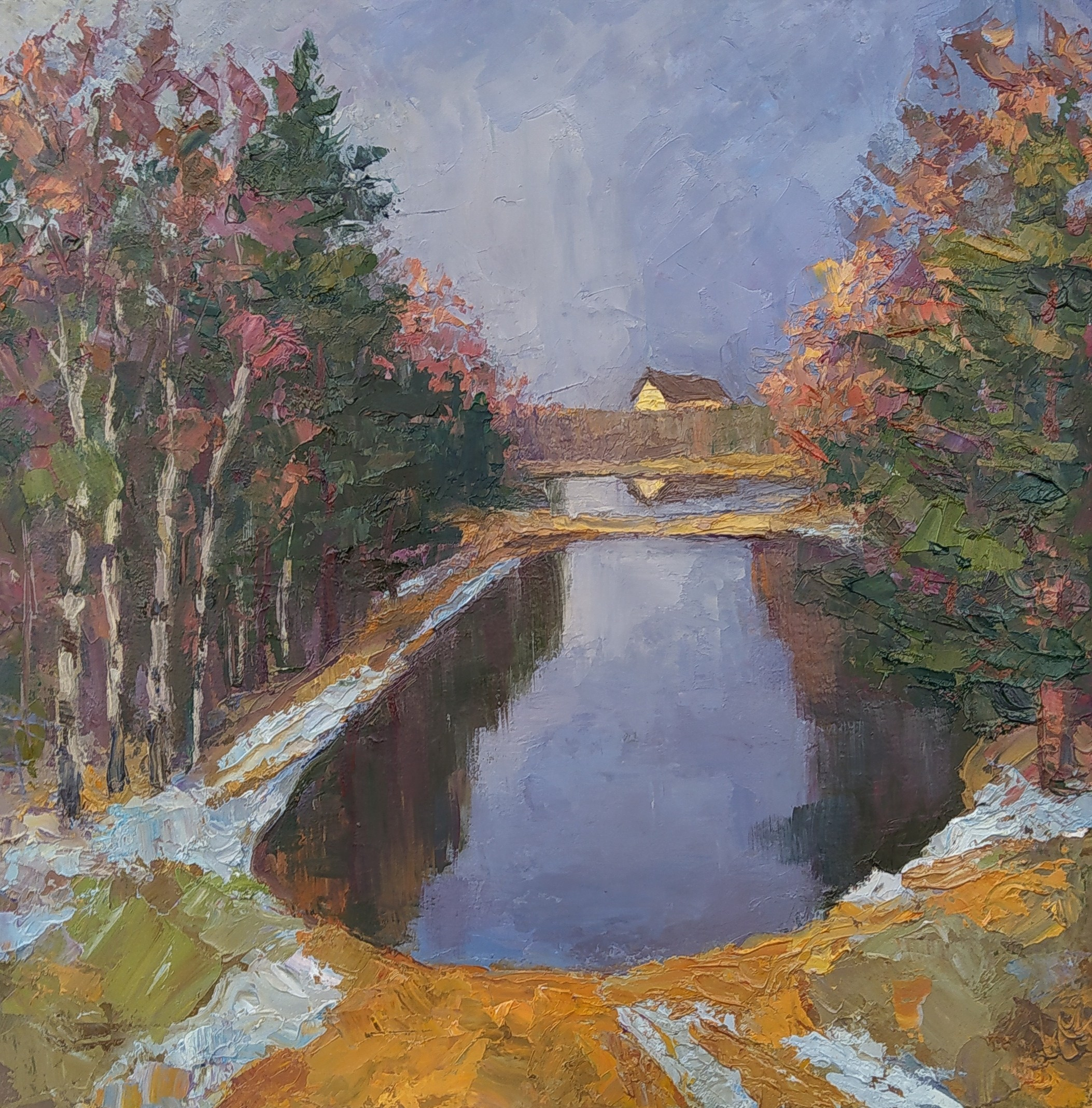 Пейзаж маслом - Пасмурная погода перед снегом в живописи