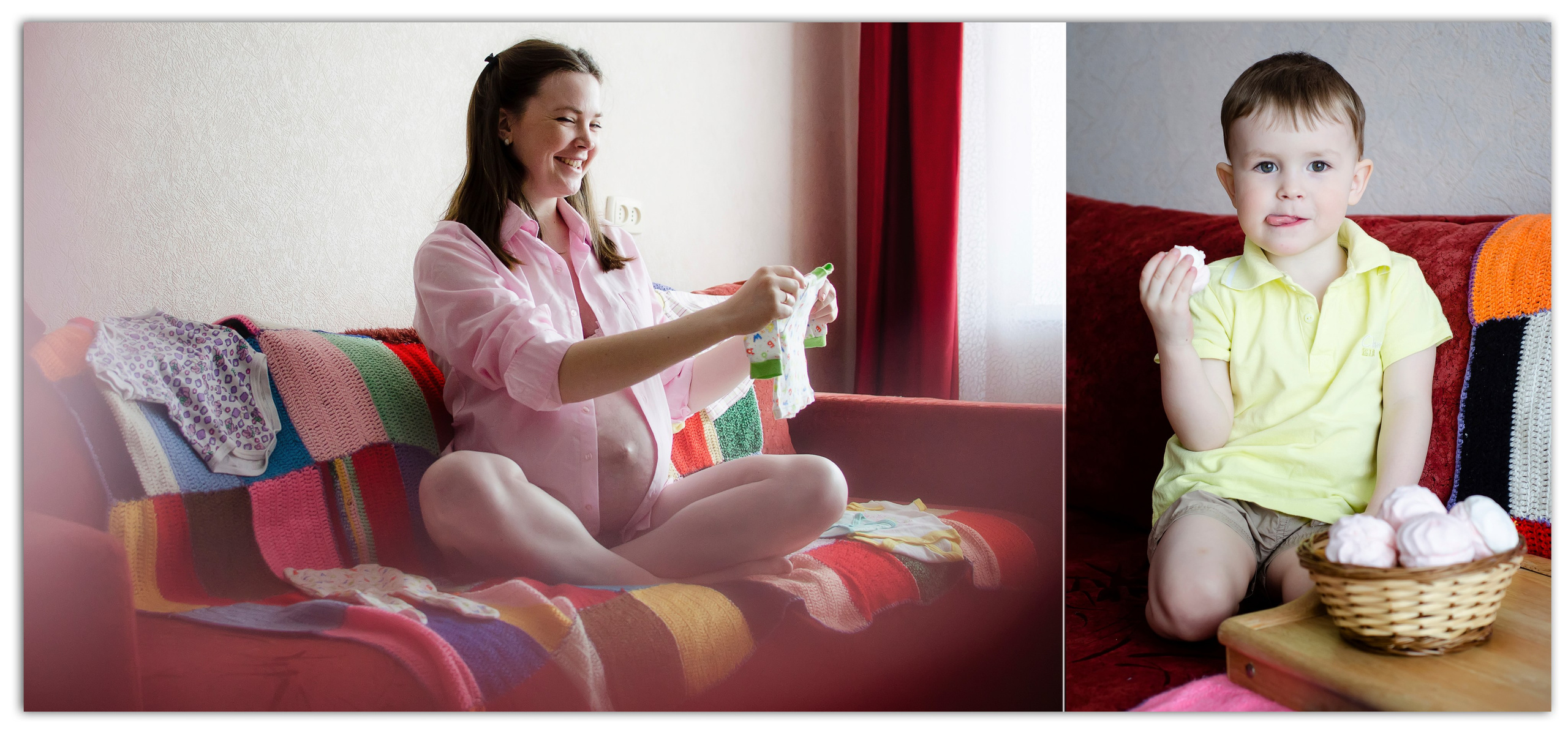 Беременная женщина и ребенок на диване, уютная домашняя сцена.