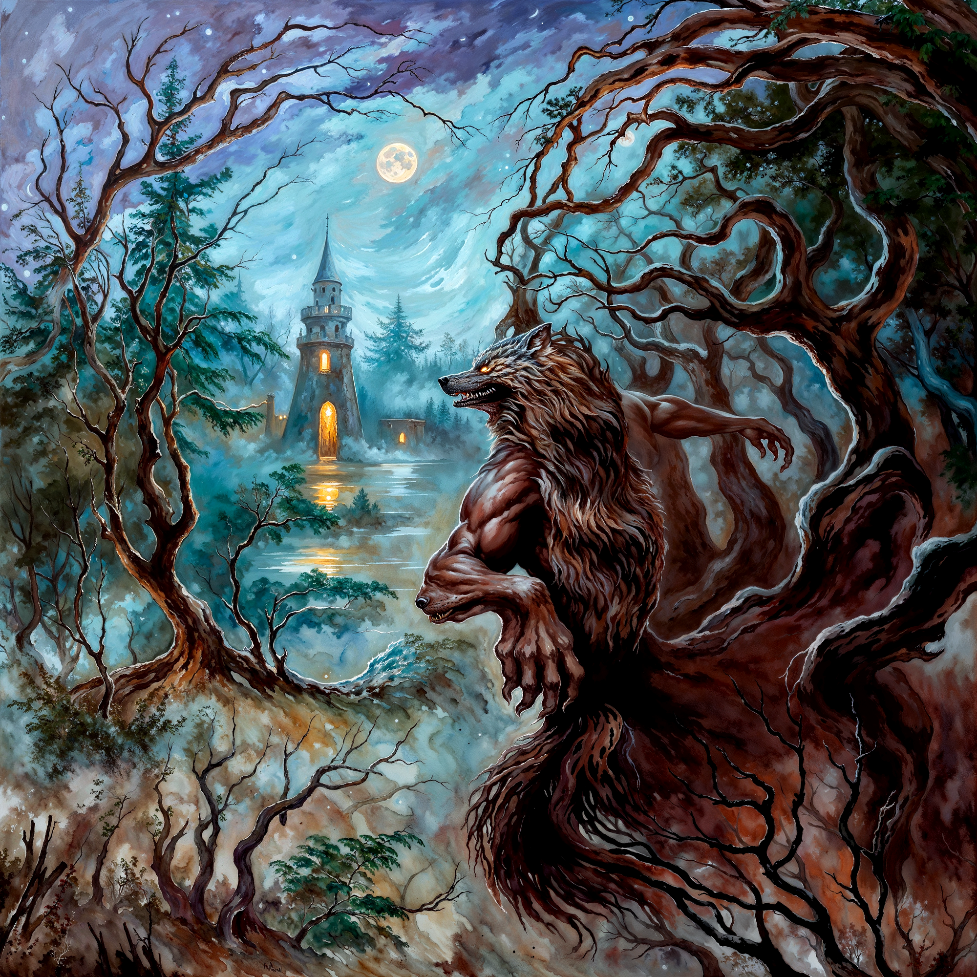 Лик оборотня — иллюзия лица, собранная из деревьев, волка и луны в таинственном лесу, адаптация по мотивам Oleg Shupliak.