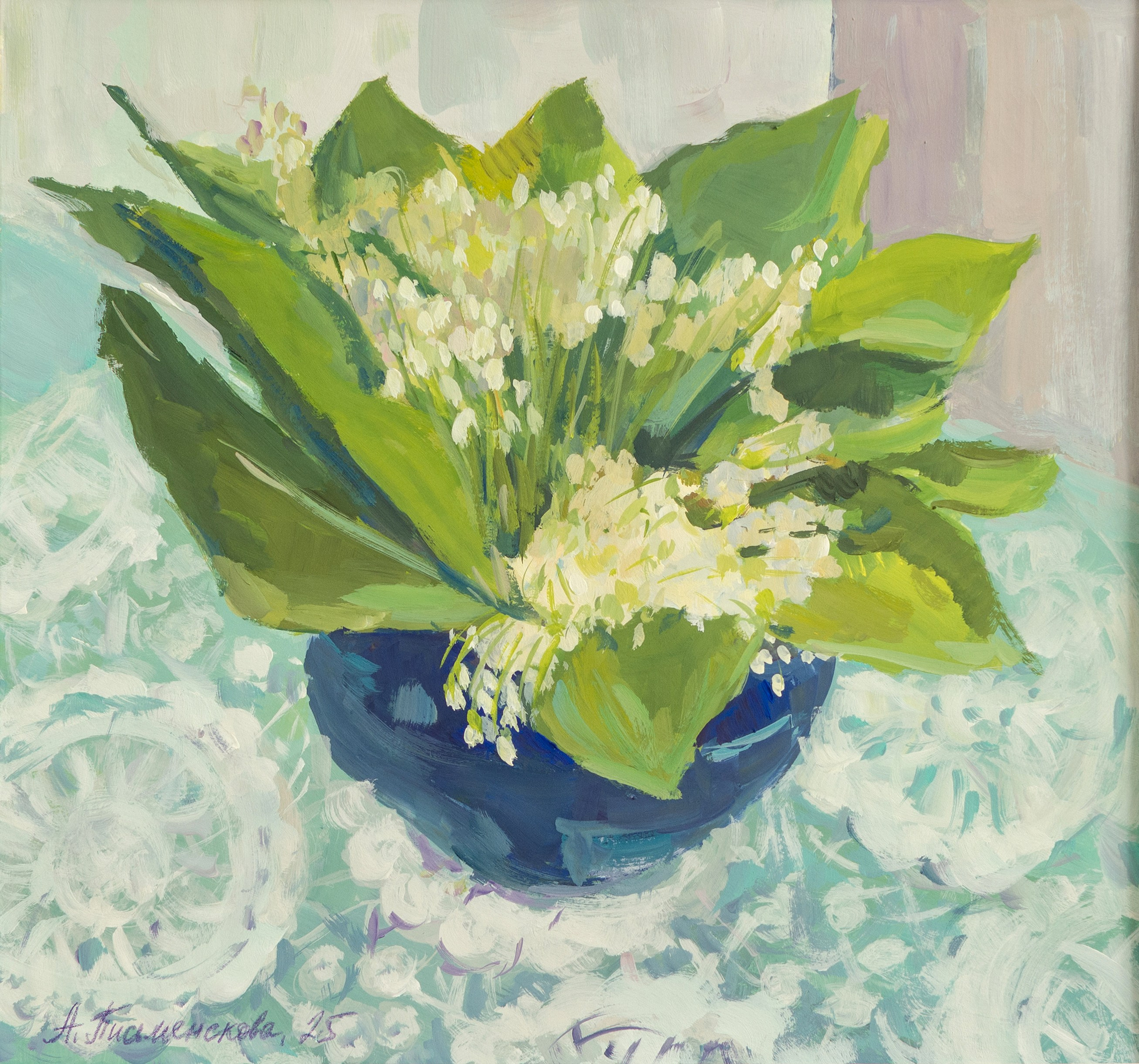 "Ландыши в синем горшочке" бумага, гуашь 28.5х30.5см, 2025