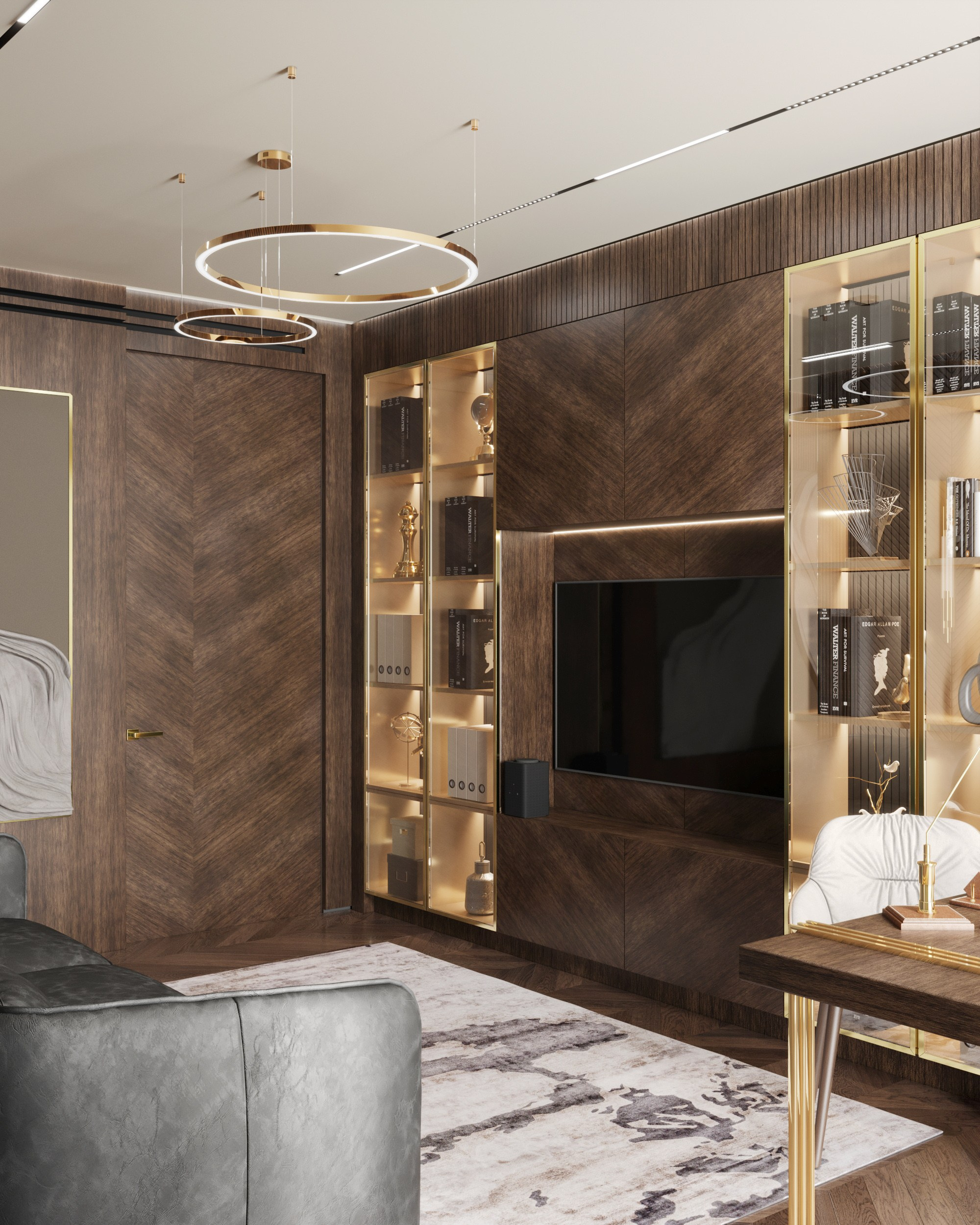 Кабинет с деревянными стеновыми панелями и современным телевизором