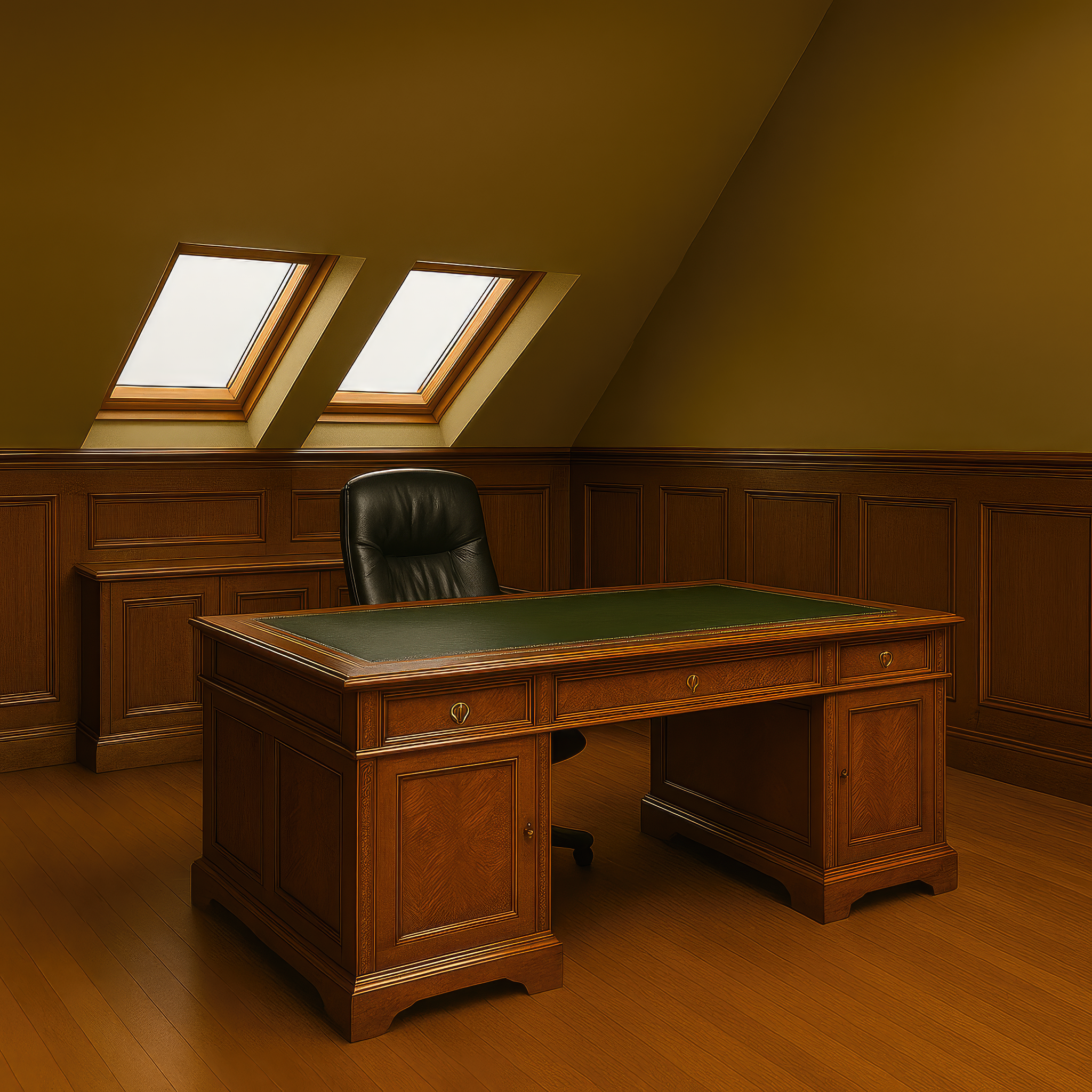 Реалистичный вид роскошного кабинета с деревянной отделкой и столом