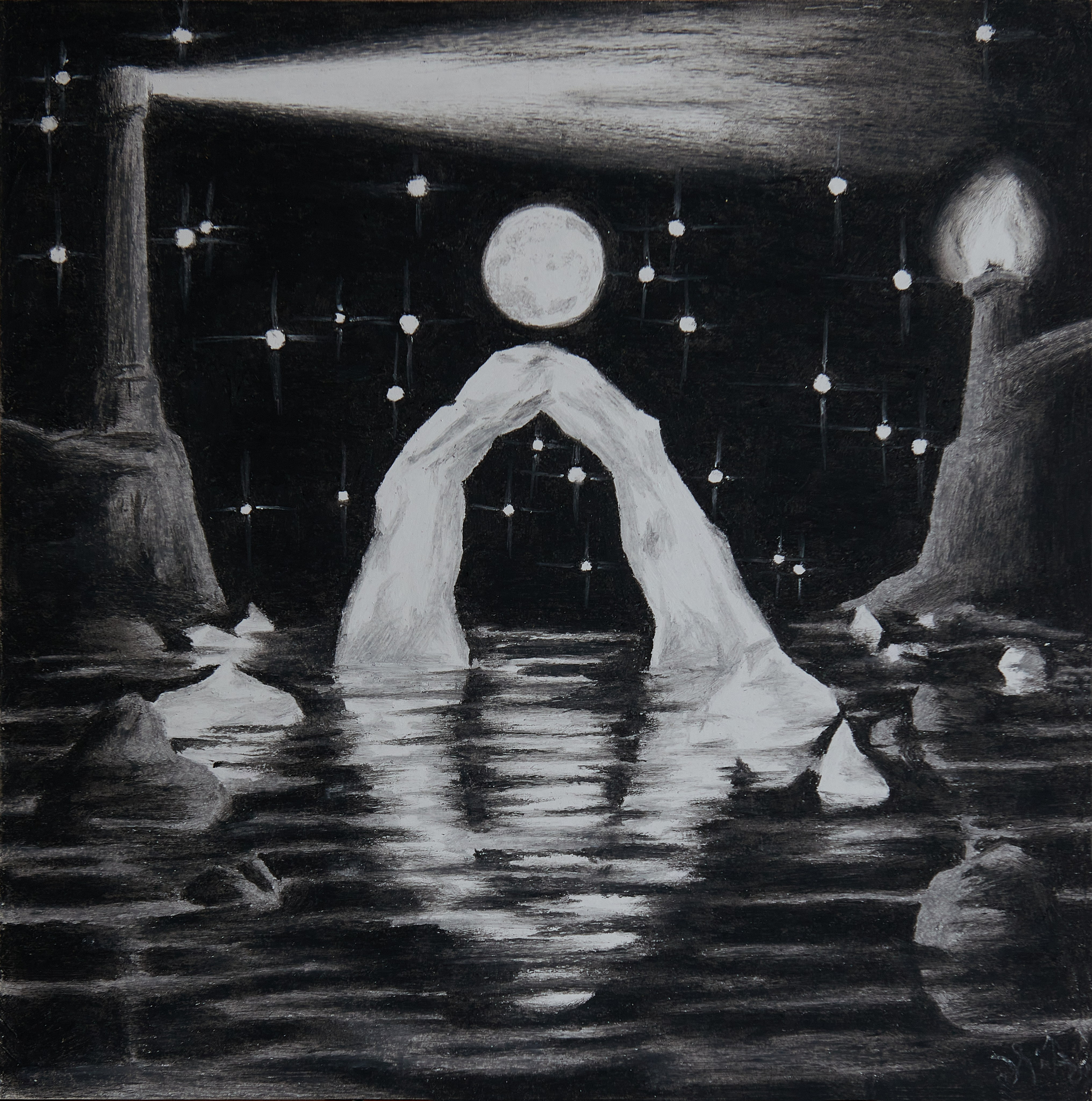 Ориентиры. Плывущий алхимическим путём воды, покрывающей сушу этого бытия, проходит между рифами духовно-интеллектуального заземления, видя множество ориентиров,  манящих к определённым стадиям и качествам обретения.У каждого свой верный для него ориентир, и свои врата, открывающиеся над состояниями материи осмысления, уводящие дальше в самоопределение. Год создания: 2006 г.