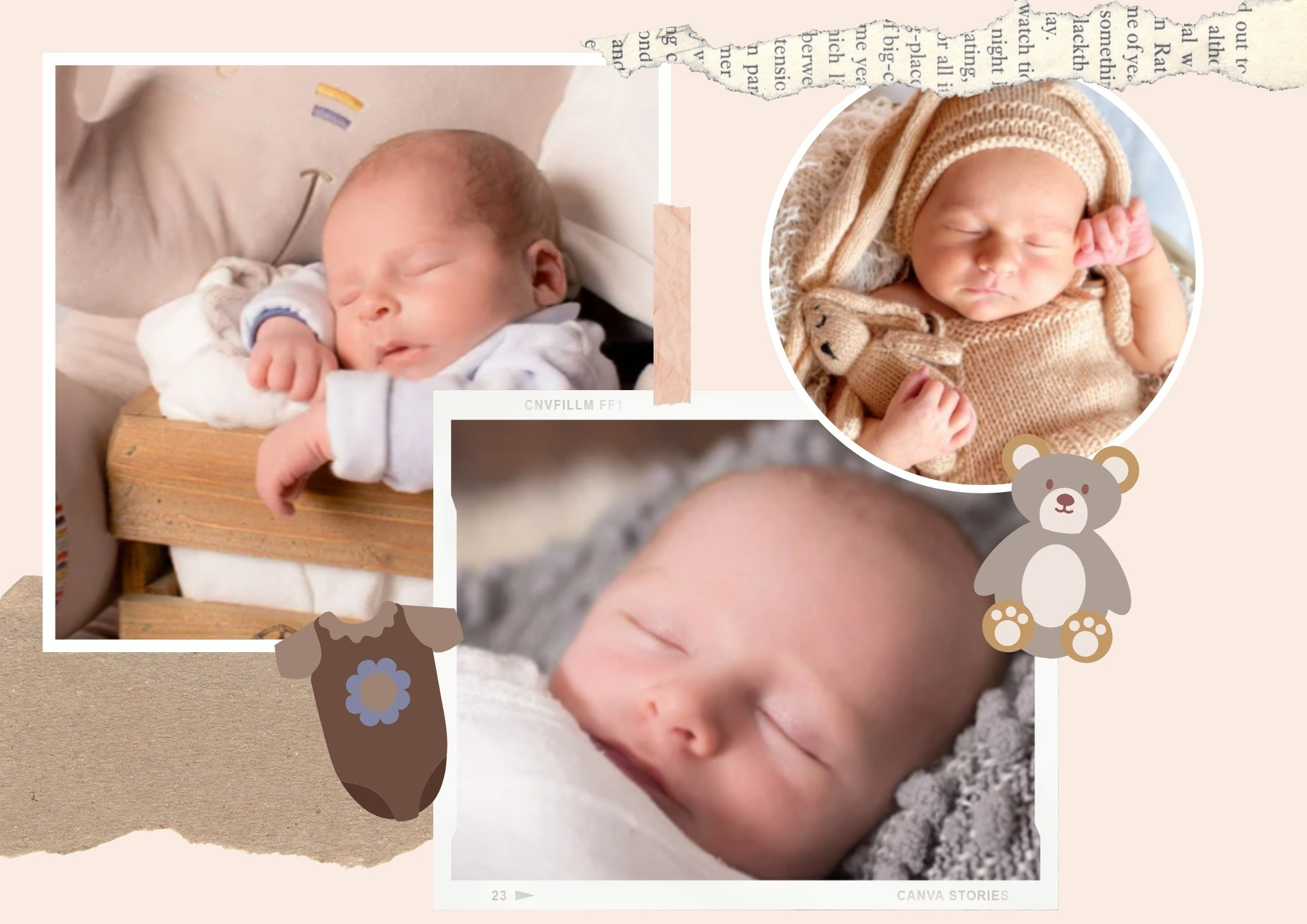 коллаж спящих новорождённых в бежевых пледах