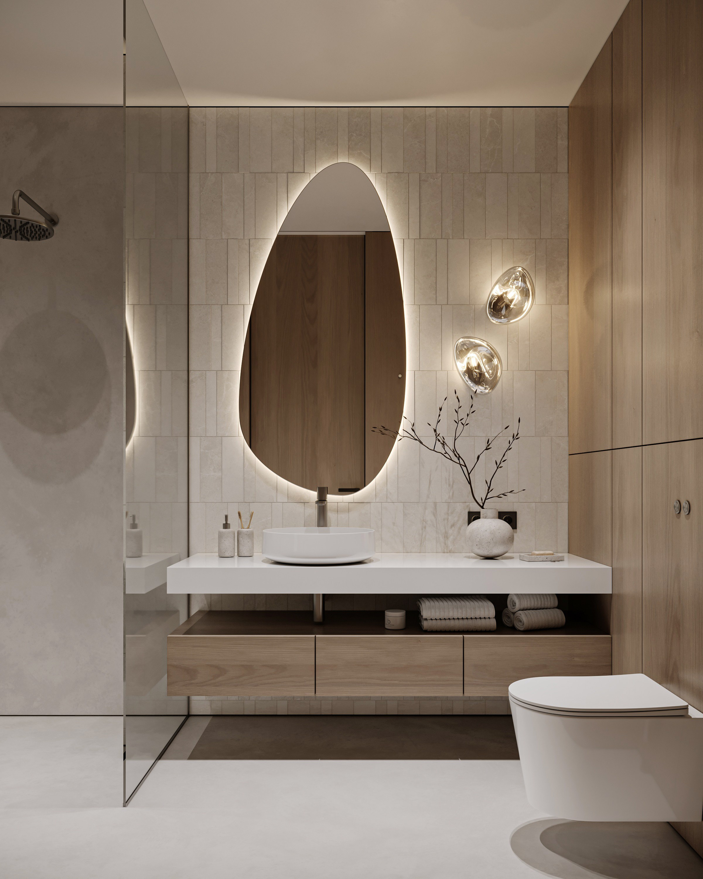 Светлый санузел в стиле минимализм с душевой