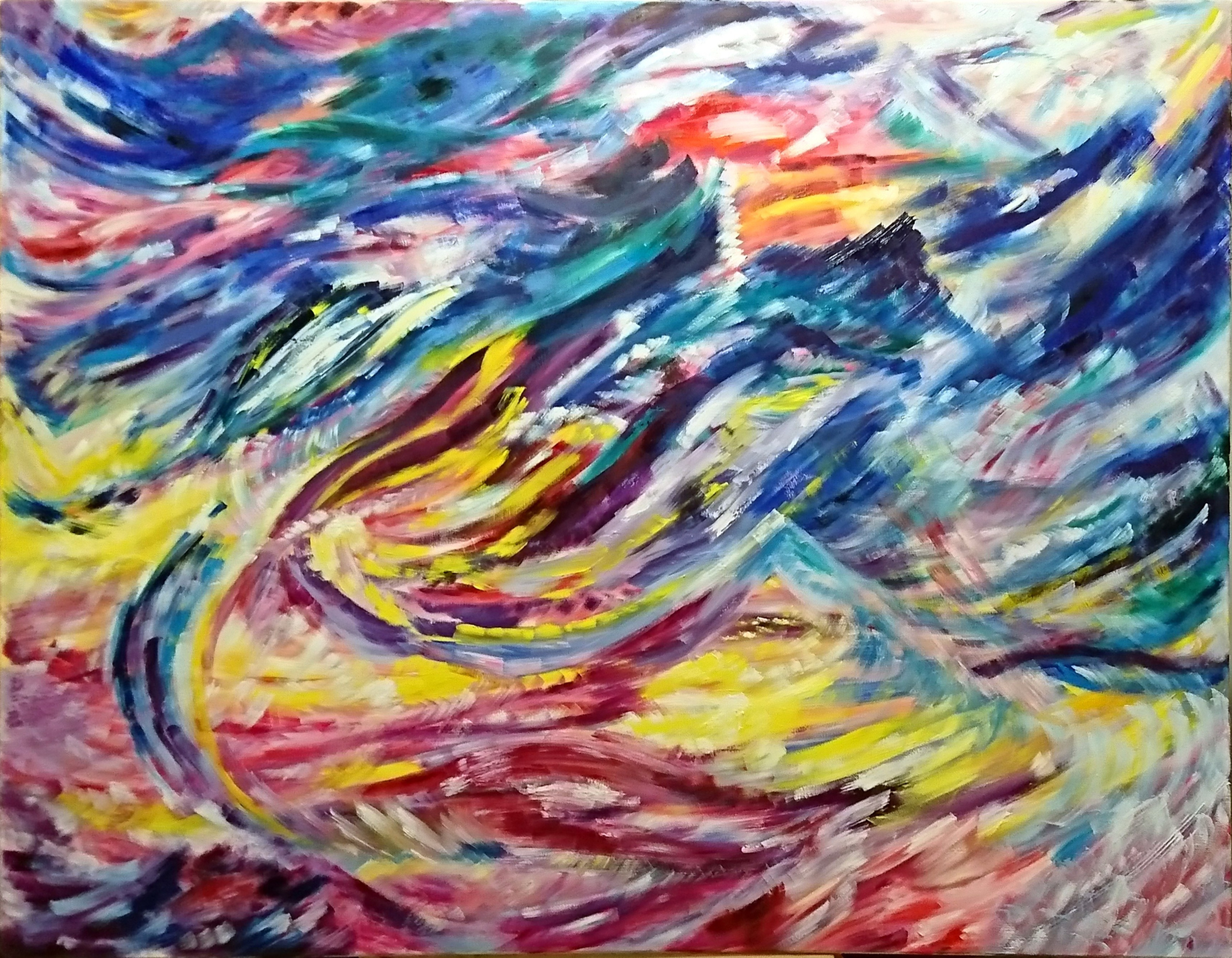 Горные вершины,море, движение. Картина с элементами абстракции и сюрреализма.