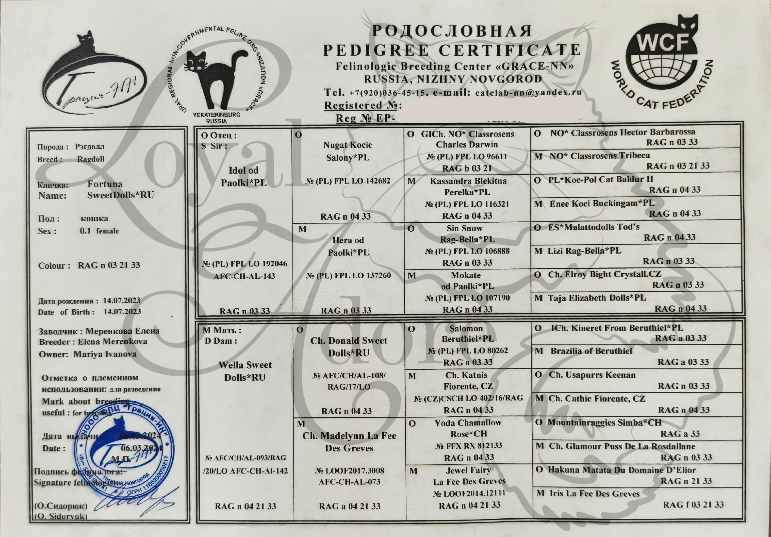 Документы производителей Loyal Adore. Питомник рэгдолл Loyal Adore