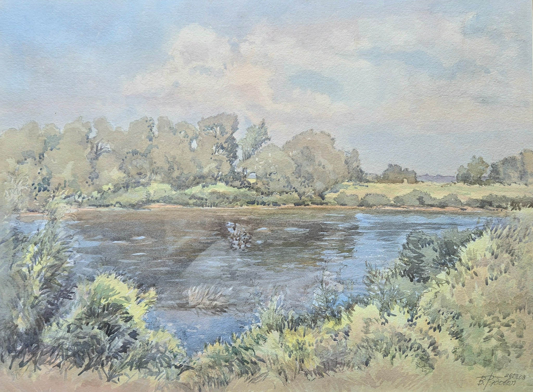 Валерий Рябовол "Заводь на реке. Украина" 49×65 см, акварель, 2013 г., Стоимость 26 000 руб